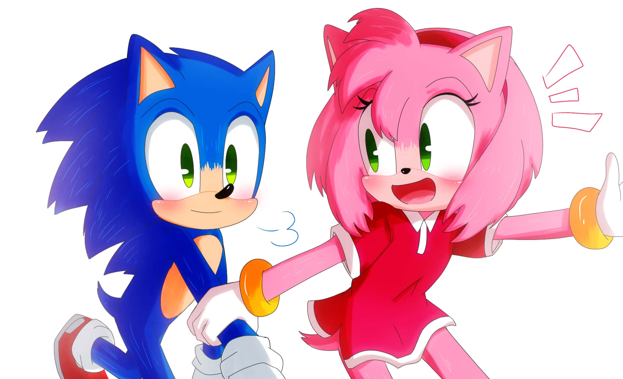 Sonic And Amy 桌布 壁紙 — 索尼克和艾米·羅斯以動態動漫風格姿勢，索尼克握住艾米的手，她開心地微笑。