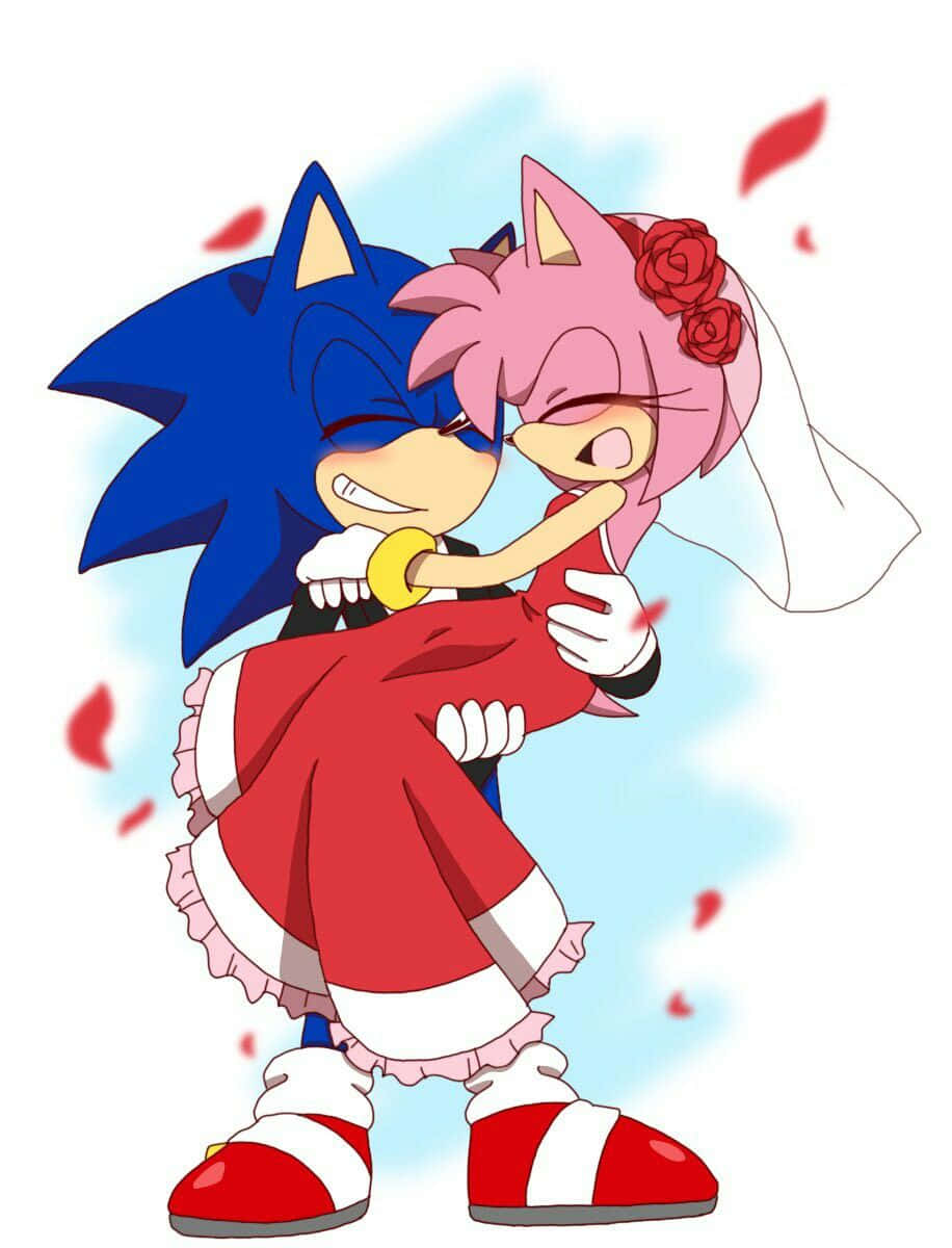 Sonic And Amy 桌布 壁紙 — 索尼克和艾米在一個快樂的婚禮擁抱中，紅色玫瑰花瓣在他們周圍飄浮，背景是柔和的藍天。