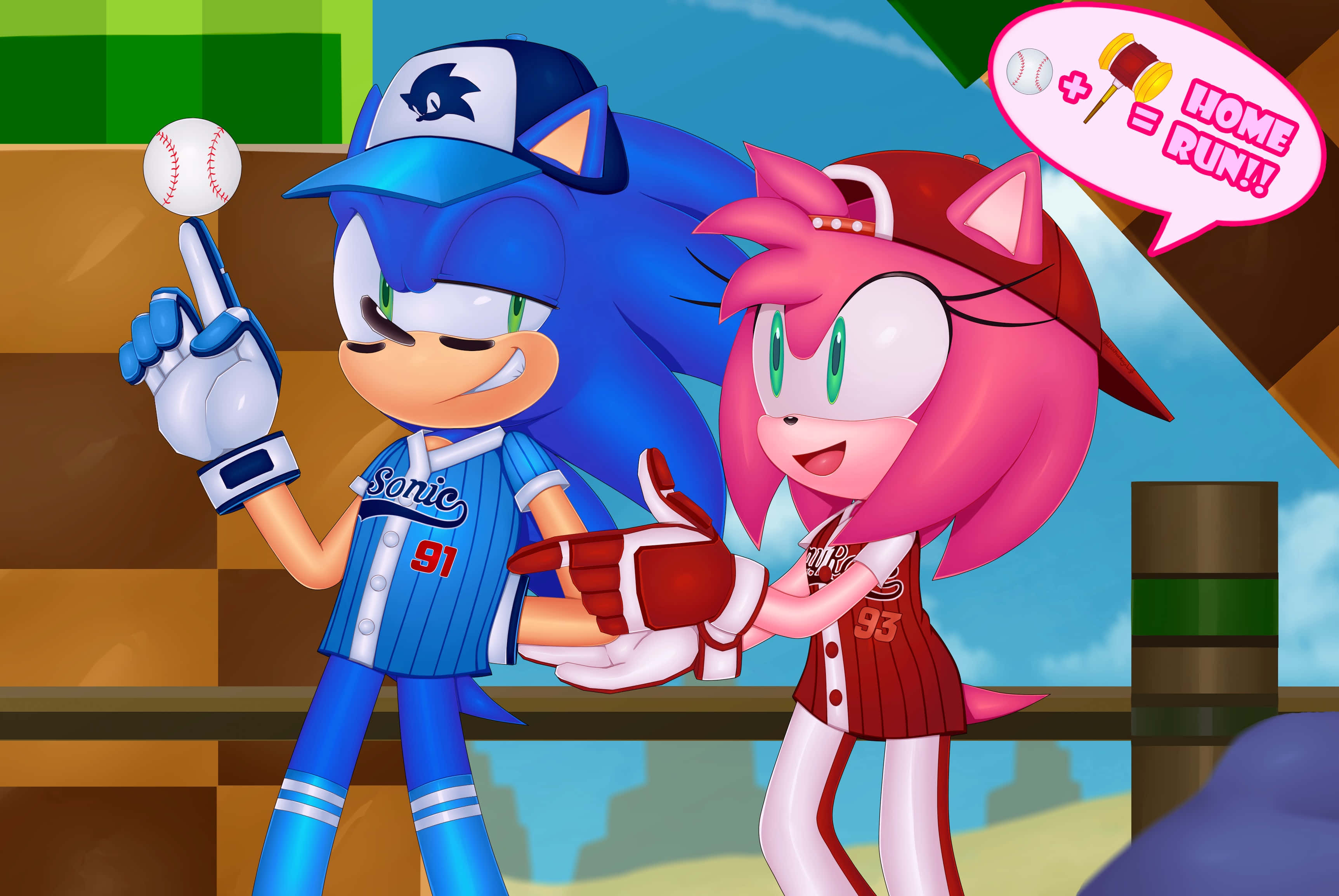 Sonic And Amy 桌布 壁紙 — 索尼克和艾米穿著棒球服，用棒球和歡呼的手勢慶祝全壘打。