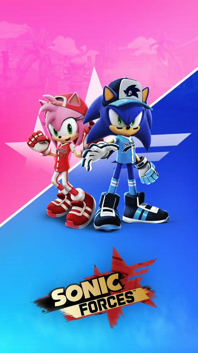 Sonic Forces Speed Battle 桌布 壁紙 — 索尼克和艾米穿著遊戲服裝，在粉紅色和藍色分割背景前與Sonic Forces標誌動態擺姿勢。