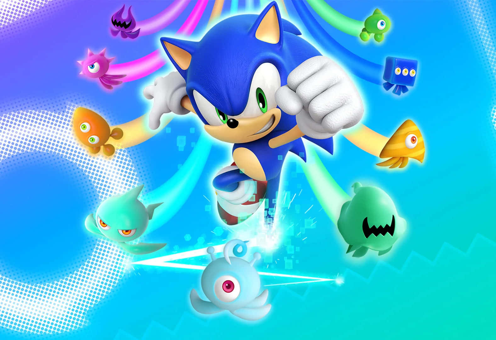 Sonic Art 桌布 壁紙 — 索尼克在充滿活力的藍色漸變背景上向前衝刺，周圍環繞著色彩繽紛的漂浮敵人。