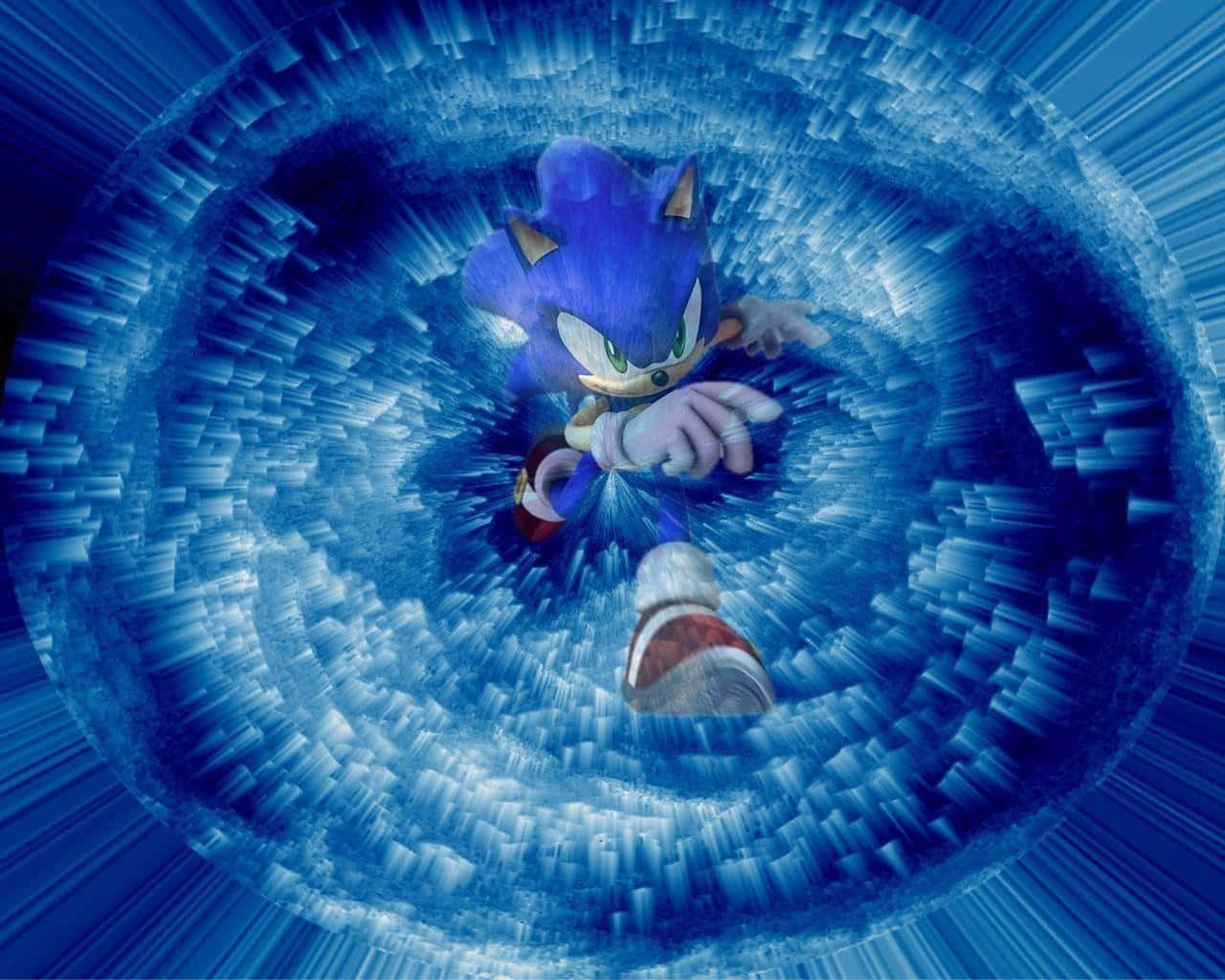Classic Sonic 桌布 壁紙 — 索尼克在動態3D渲染的動作場景中，穿過由速度線組成的旋轉藍色漩渦。