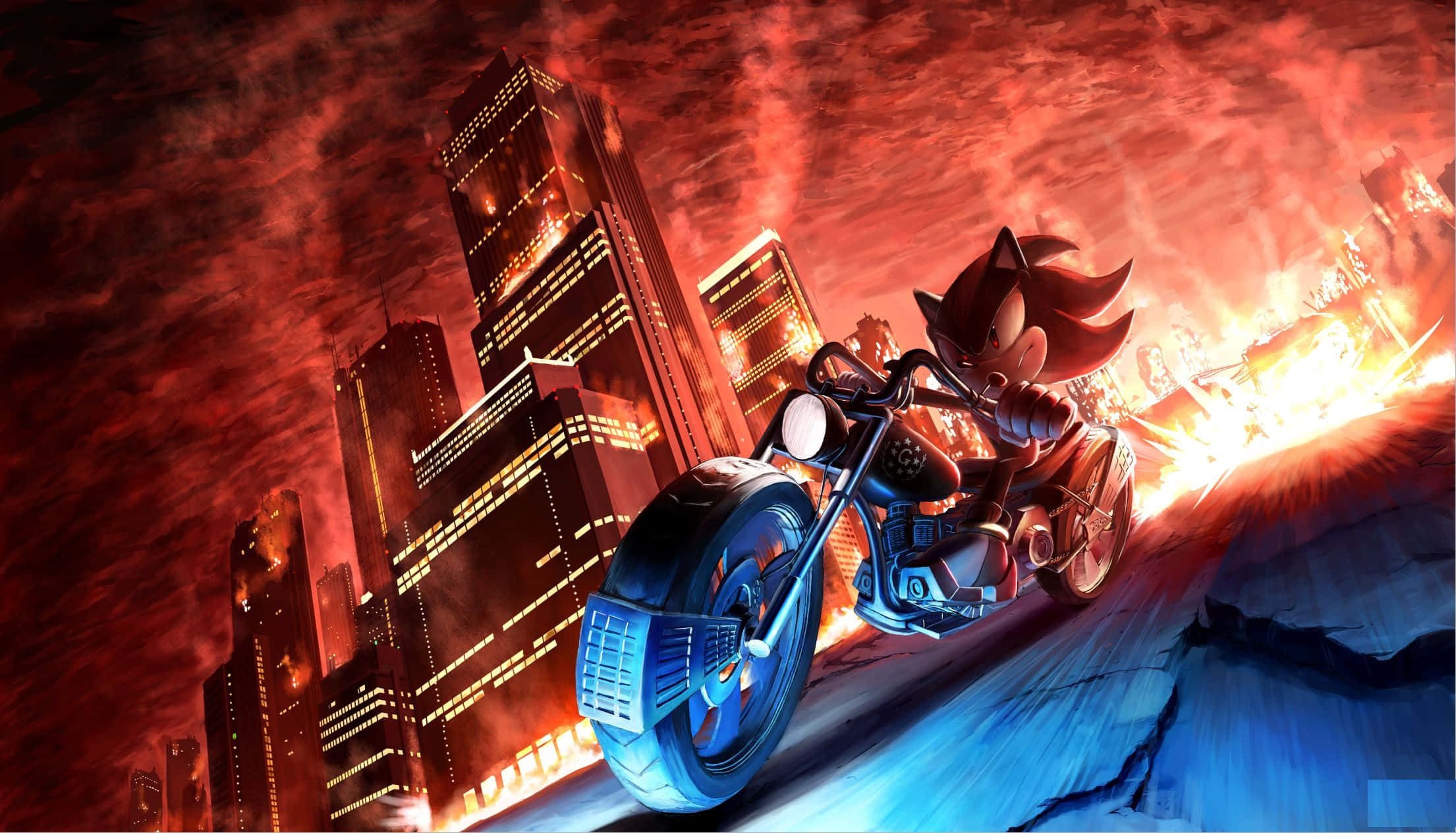 Sonic City Escape 桌布 壁紙 — 索尼克在日落時分騎著藍色摩托車穿過火熱的城市峽谷，伴隨著爆炸和發光的摩天大樓。