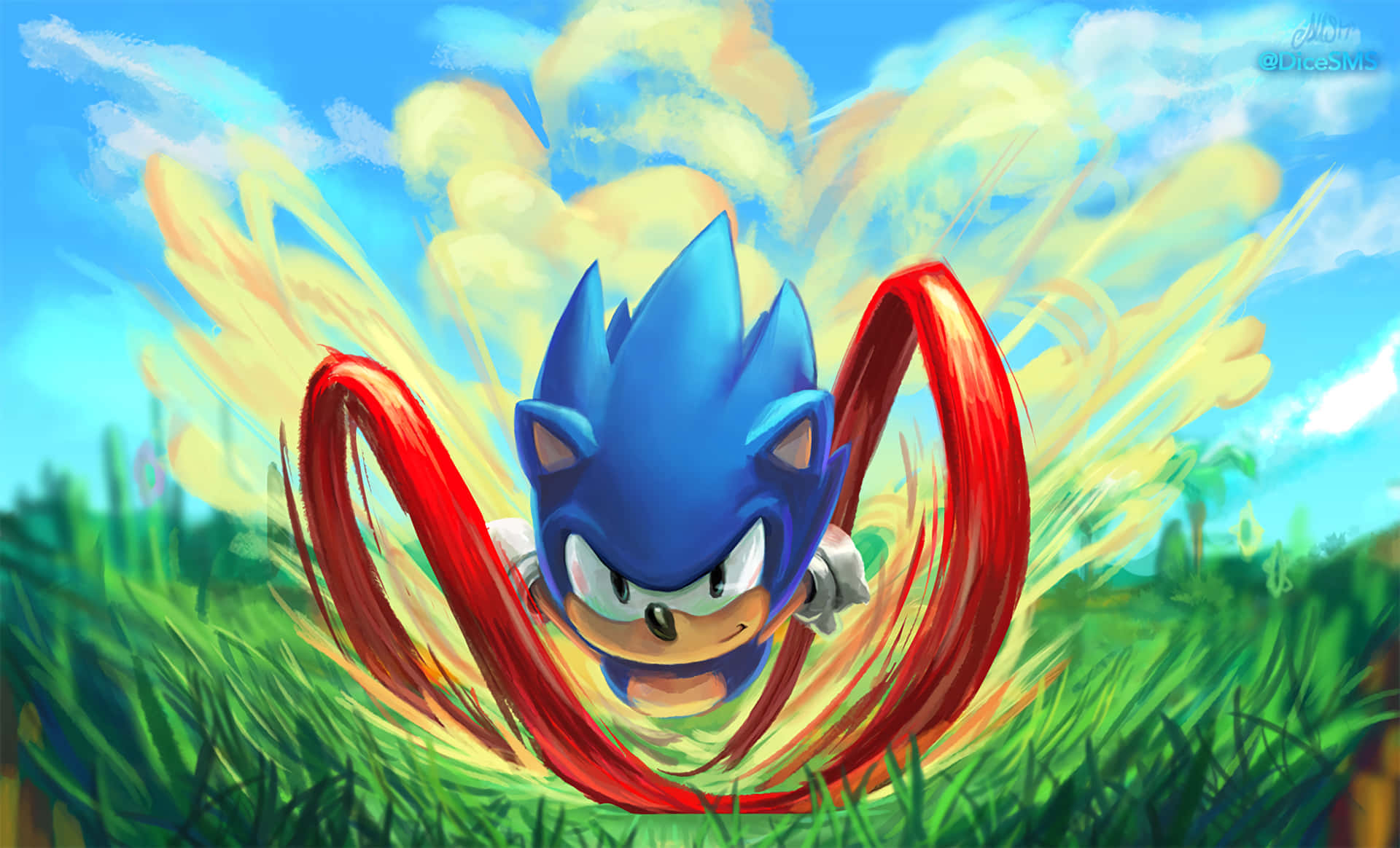 Classic Sonic 桌布 壁紙 — 索尼克在明亮的藍天下，帶著紅色速度線和黃色動態模糊，衝過草地。