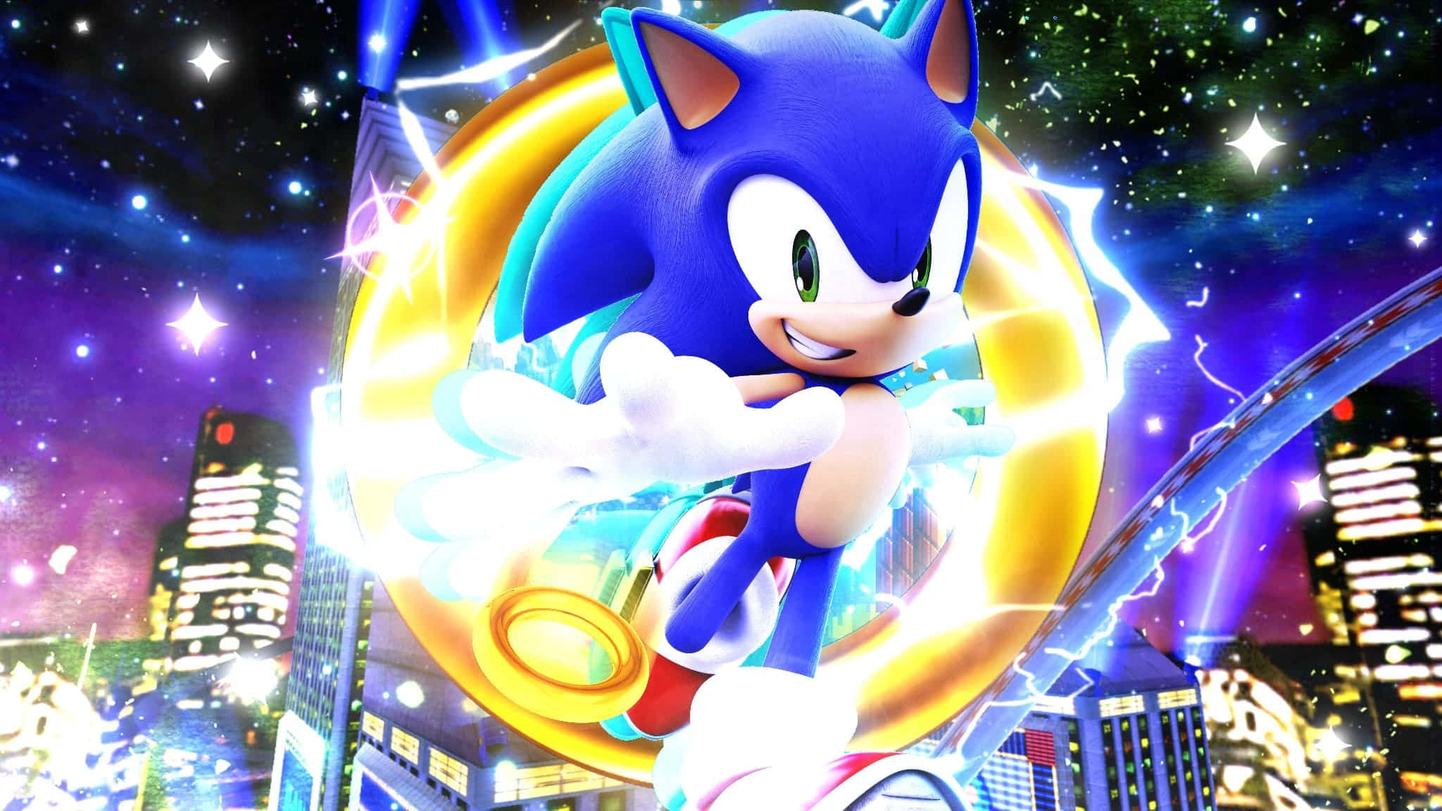 Modern Sonic 桌布 壁紙 — 索尼克在星空下穿過發光環圈，飛馳於霓虹燈閃爍的城市天際線之上。