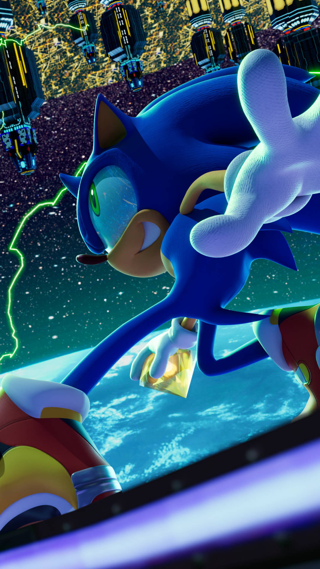 Cool Sonic 桌布 壁紙 — 索尼克在星空宇宙背景下，帶著發光的綠色能量軌跡飛馳而過。
