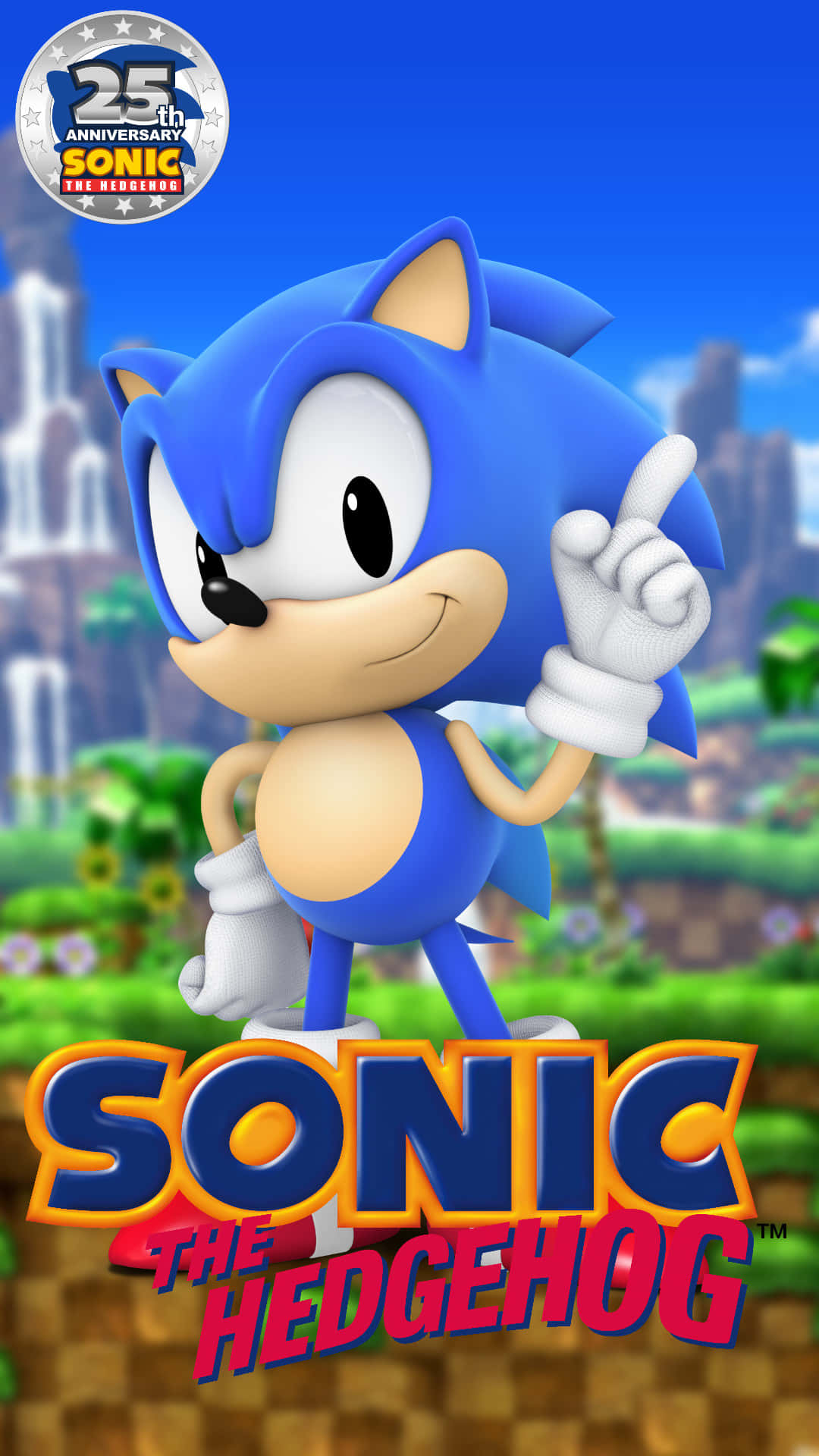 Classic Sonic 桌布 壁紙 — 索尼克在晴朗藍天下，以翠綠風景為背景，自信微笑並豎起一根手指。