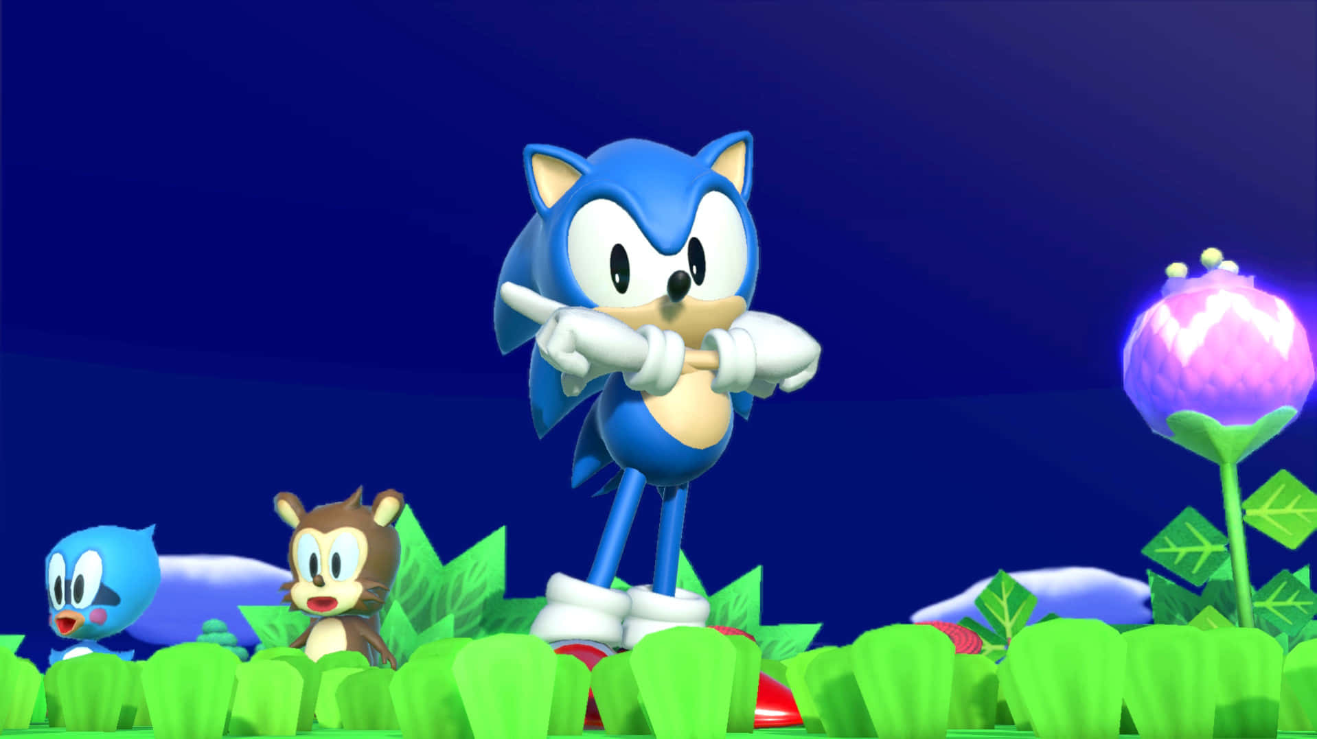 Classic Sonic 桌布 壁紙 — 索尼克在深藍色天空下，自信地站在充滿發光花朵的鮮綠色田野中。