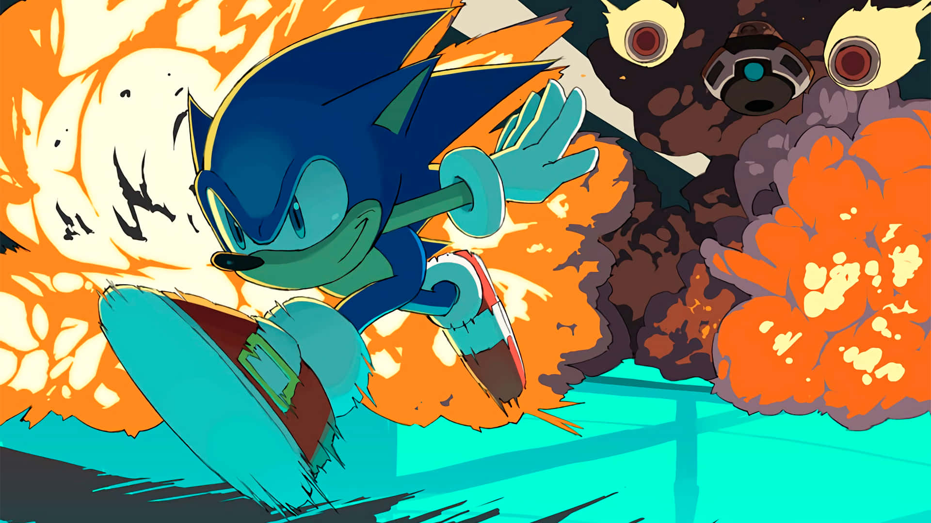 Sonic Characters 桌布 壁紙 — 索尼克在熾熱爆炸中疾馳，表情堅定，身後機械敵人爆炸。