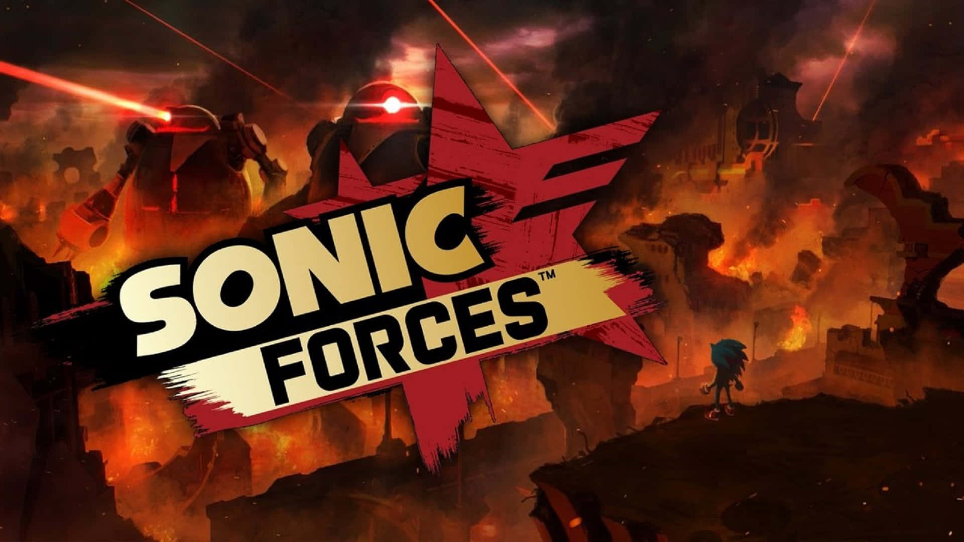 Sonic Logo 桌布 壁紙 — 索尼克在熾熱的戰場上顯得渺小，巨型機器人在混亂的遊戲場景中發射雷射。
