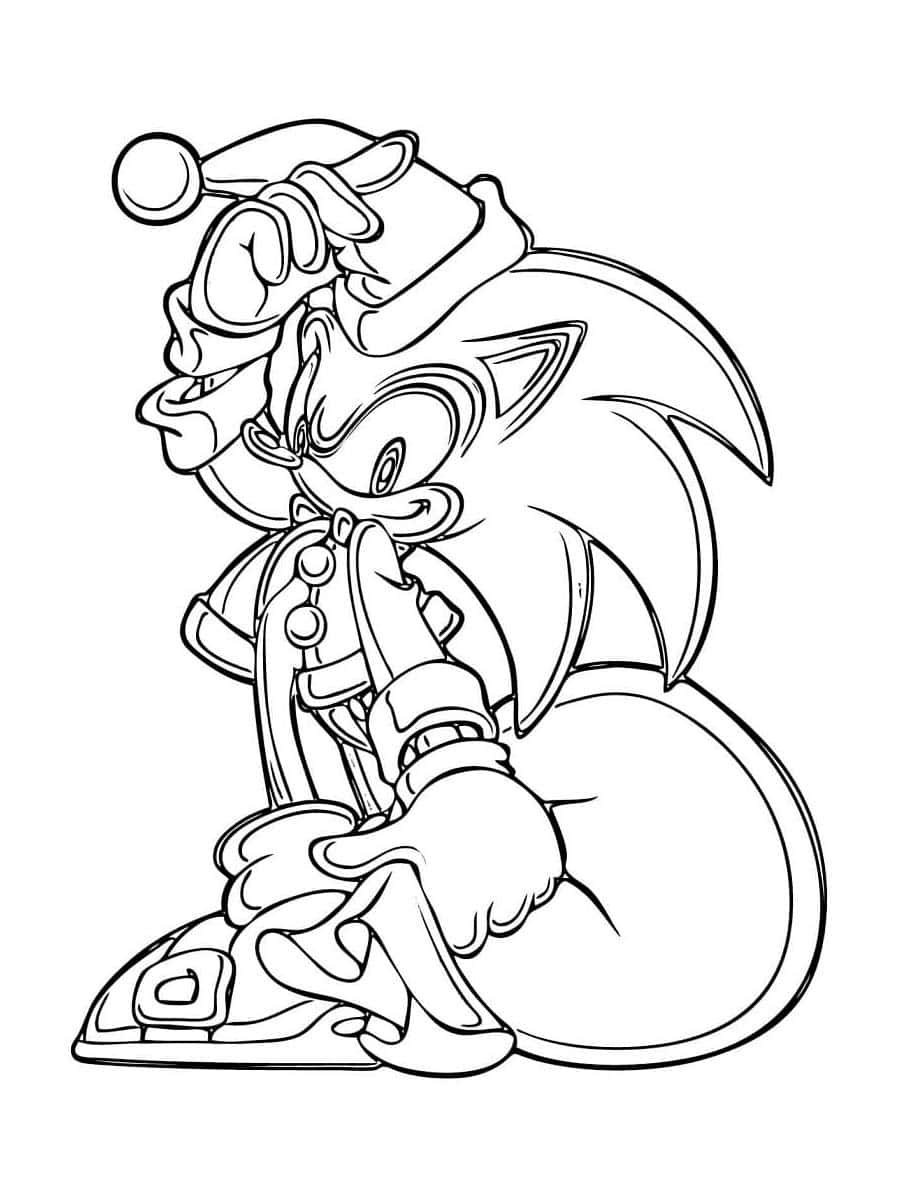 Sonic Coloring 桌布 壁紙 — 索尼克在節日小丑服裝中的黑白線條藝術插圖，配有帽子和領結。