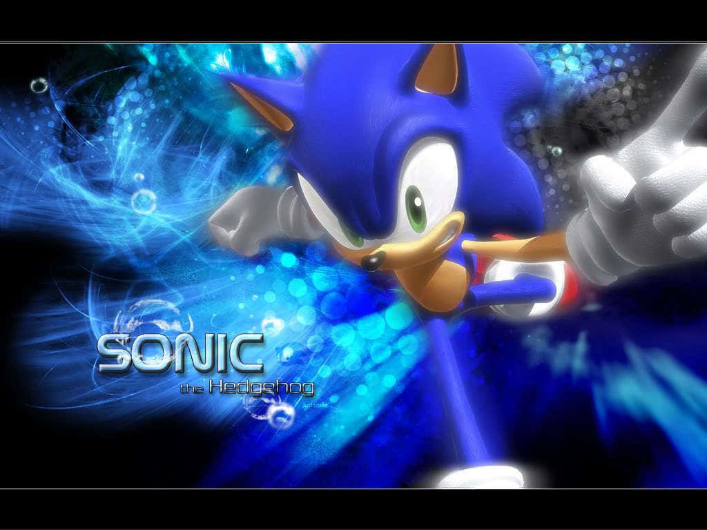 Super Sonic 桌布 壁紙 — 索尼克在黑暗的宇宙背景下，沿著充滿活力的藍色能量軌跡向前衝刺。