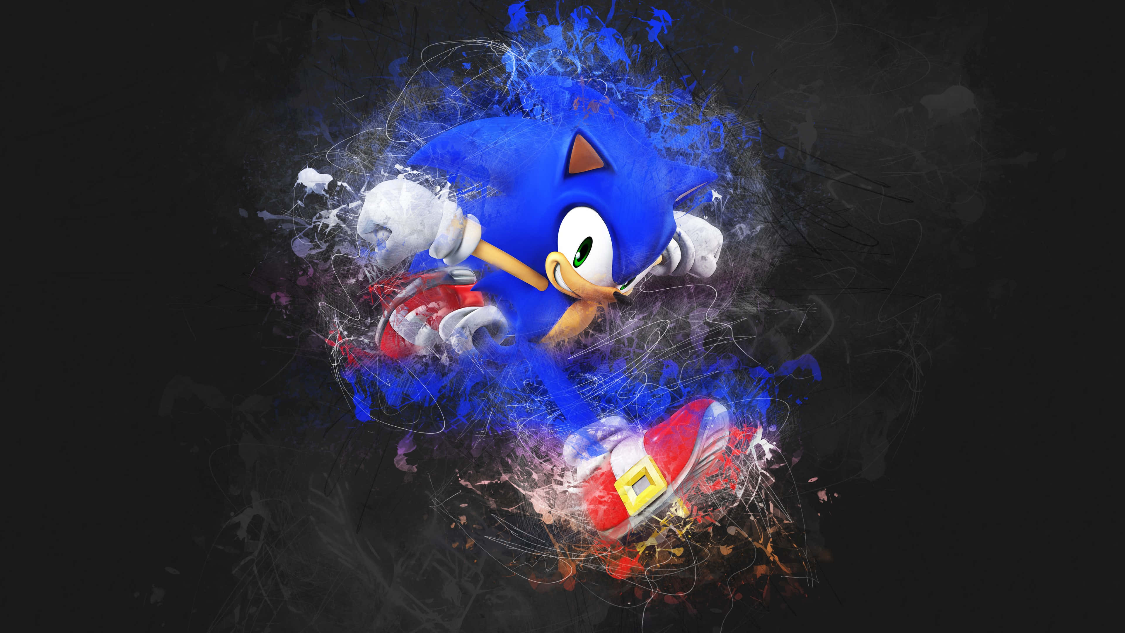 Sonic Art 桌布 壁紙 — 索尼克在黑暗粗糙的背景上，以動態的藍色和紅色飛濺向前衝刺。