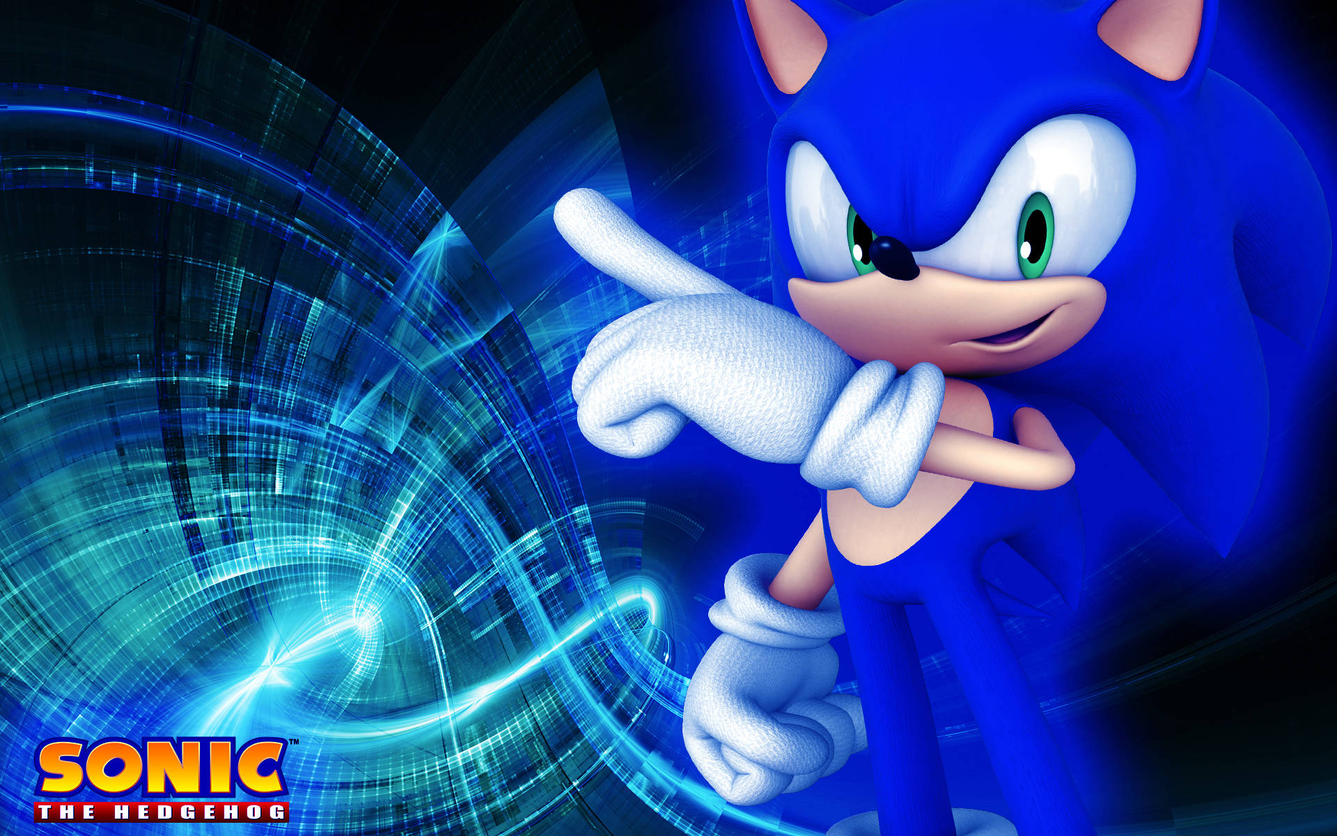 Cool Sonic 桌布 壁紙 — 索尼克指著一個旋轉的藍色能量漩渦背景，充滿自信。