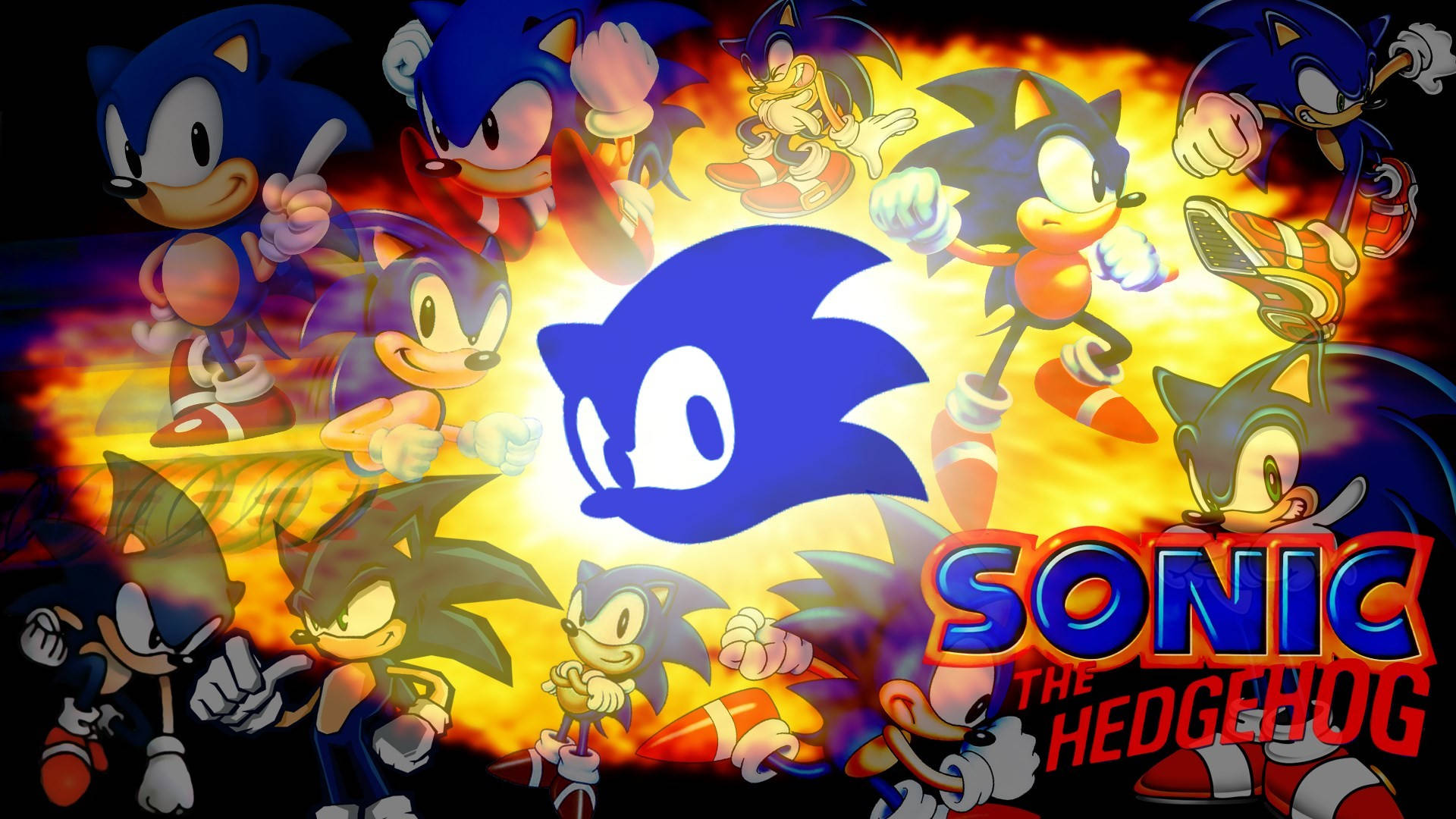 Cool Sonic 桌布 壁紙 — 索尼克的多種姿勢和形態的動態拼貼畫，從熾熱的爆炸中迸發出來，帶有他的標誌和標題。