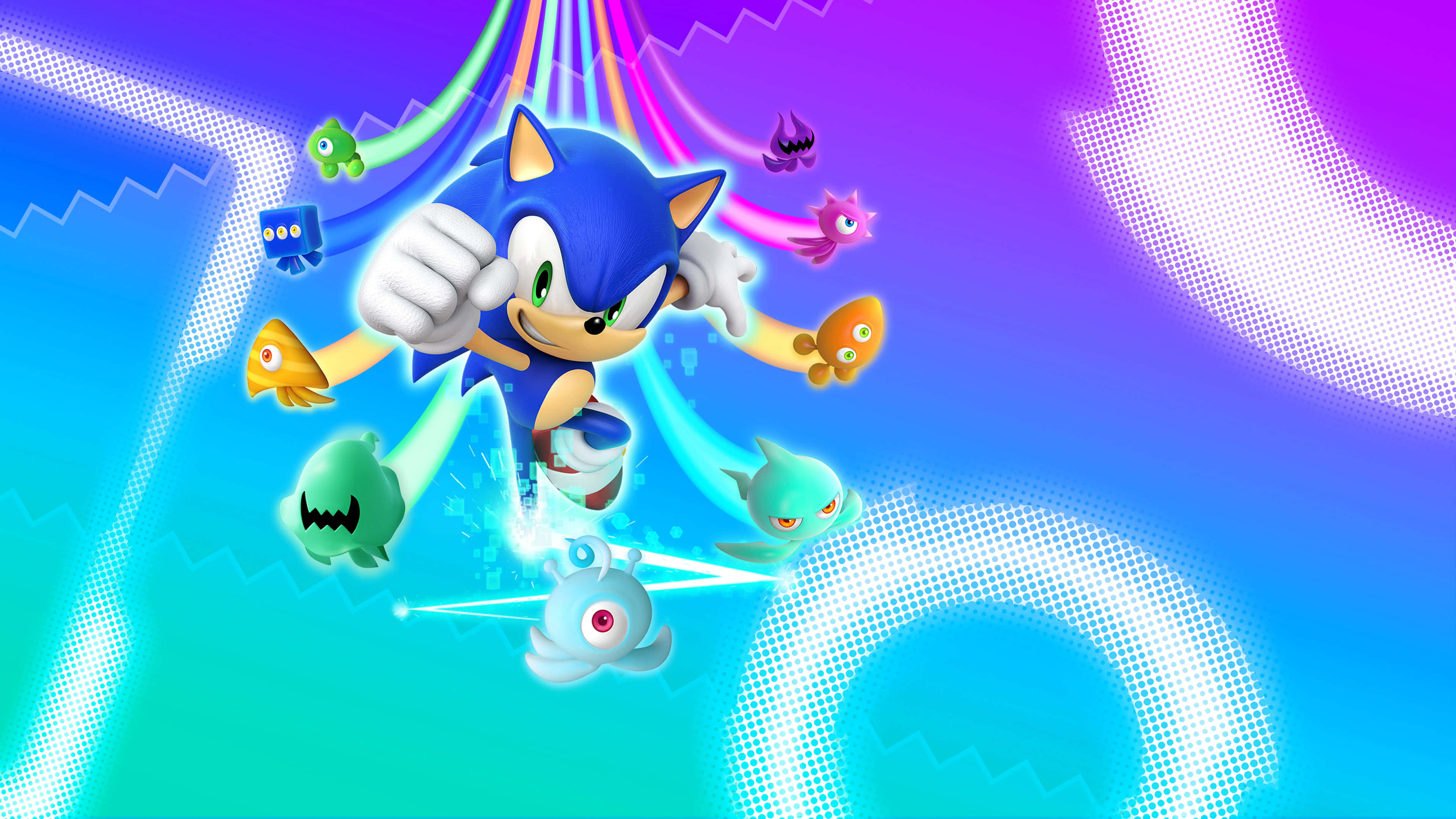 Sonic Colors 桌布 壁紙 — 索尼克穿過充滿活力的霓虹隧道，周圍環繞著色彩繽紛的漂浮敵人。