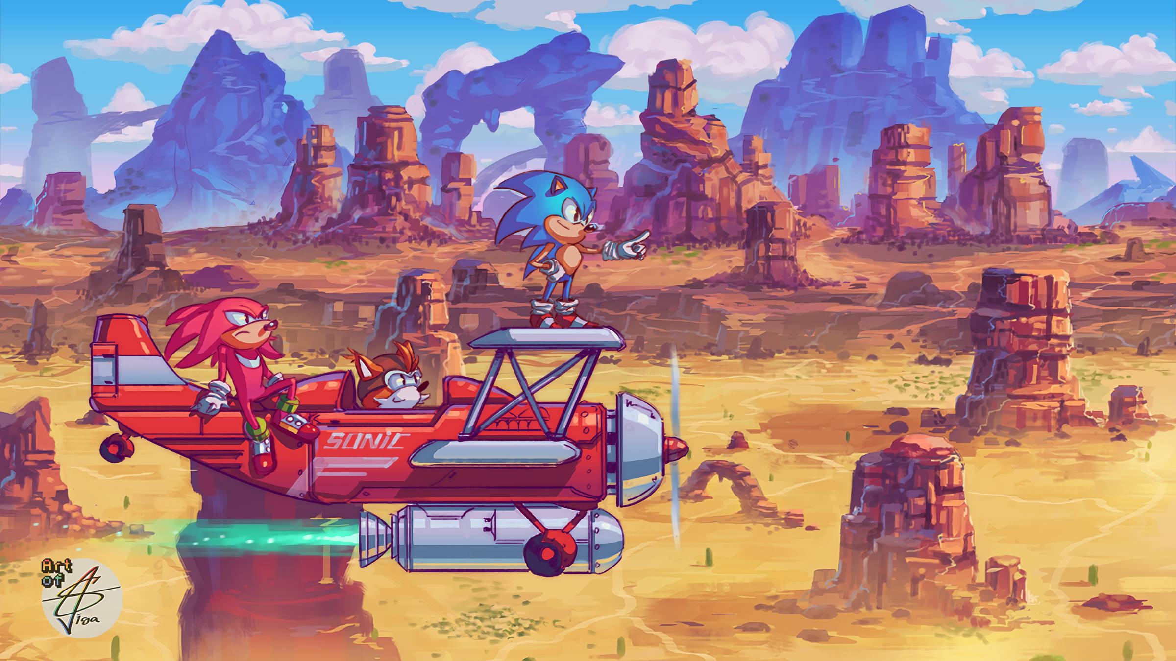 Knuckles 桌布 壁紙 — 索尼克站在由納克魯斯和塔爾斯駕駛的紅色雙翼飛機上，在日落時分飛越沙漠峽谷。