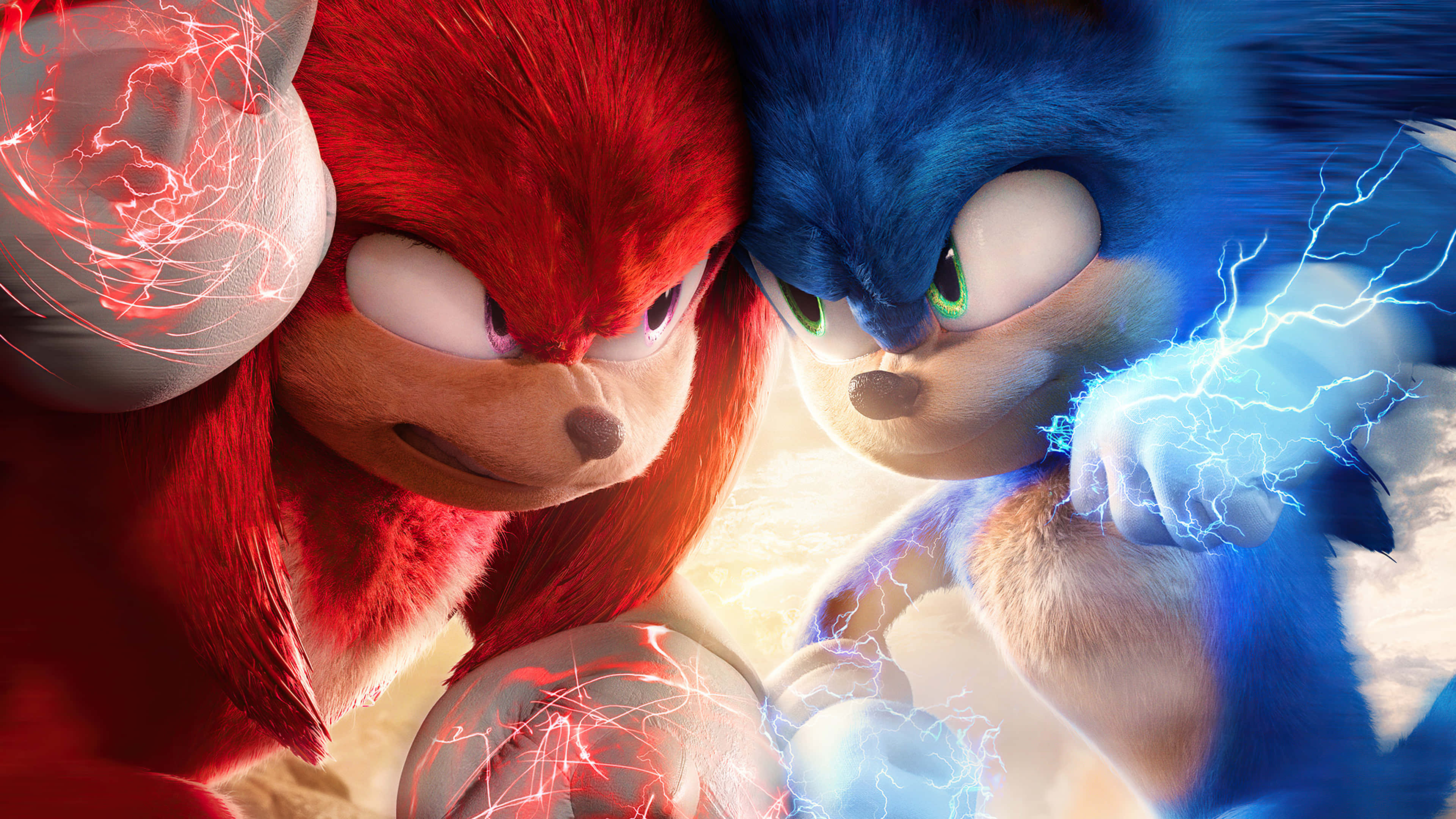 Sonic Art 桌布 壁紙 — 索尼克與納克魯斯在動態特寫中對峙，噼啪作響的藍色和紅色能量在他們周圍旋轉。