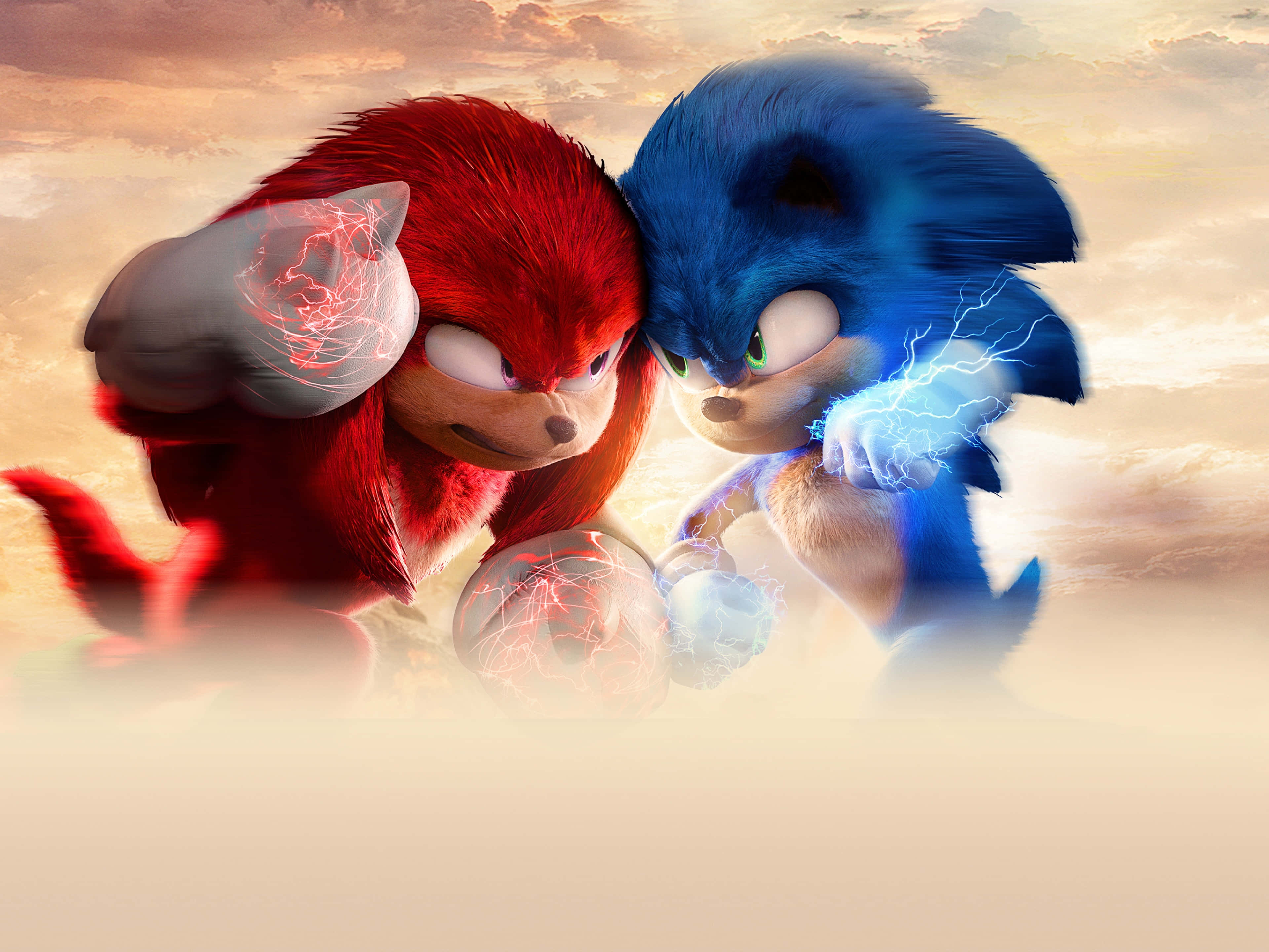 Knuckles 桌布 壁紙 — 索尼克與納克魯斯在金色天空下，以劈啪作響的能量球進行戲劇性的對決。