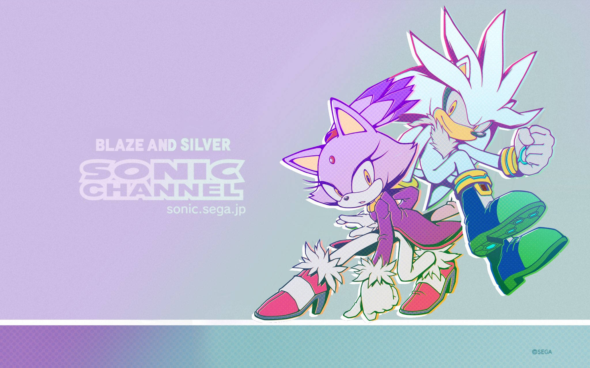 Hedgehog 桌布 壁紙 — 索尼克角色 Blaze 和 Silver 在柔和的紫色漸層背景上動態擺姿勢，帶有「Sonic Channel」文字。
