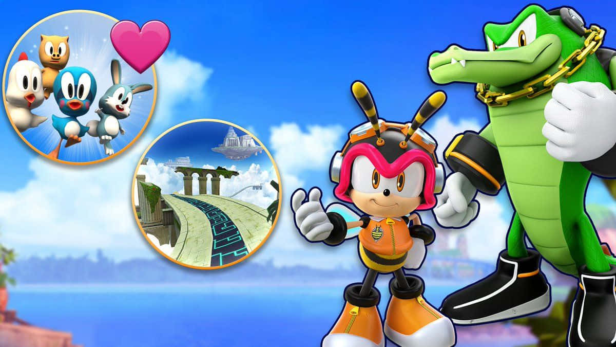 Sonic Dash 桌布 壁紙 — 索尼克角色，包括一個像蜜蜂的英雄和一個綠色鱷魚反派，站在浮島和卡通鳥前，背景是明亮的藍天。