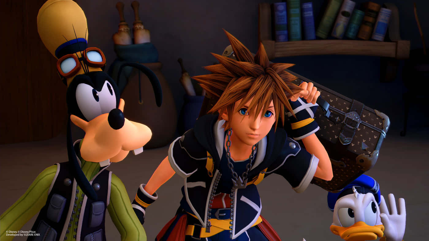 Kingdom Hearts Characters 桌布 壁紙 — 索拉、高飛和唐老鴨一起站在一個光線昏暗的房間裡，附近有書本和一個手提箱。