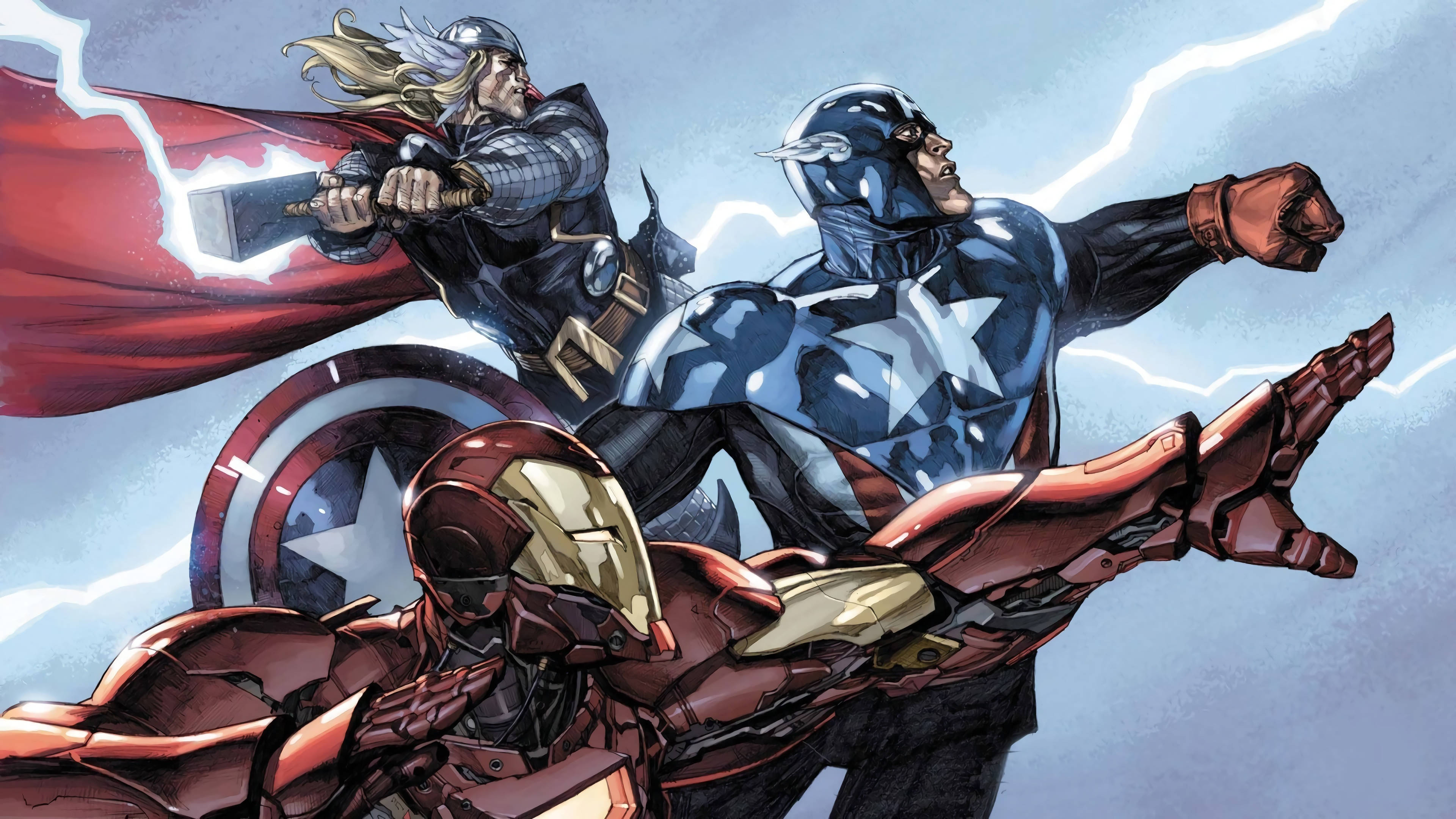 Avengers Desktop 桌布 壁紙 — 索爾、美國隊長和鋼鐵人在閃電環繞下動態地擺出英雄動作姿勢。