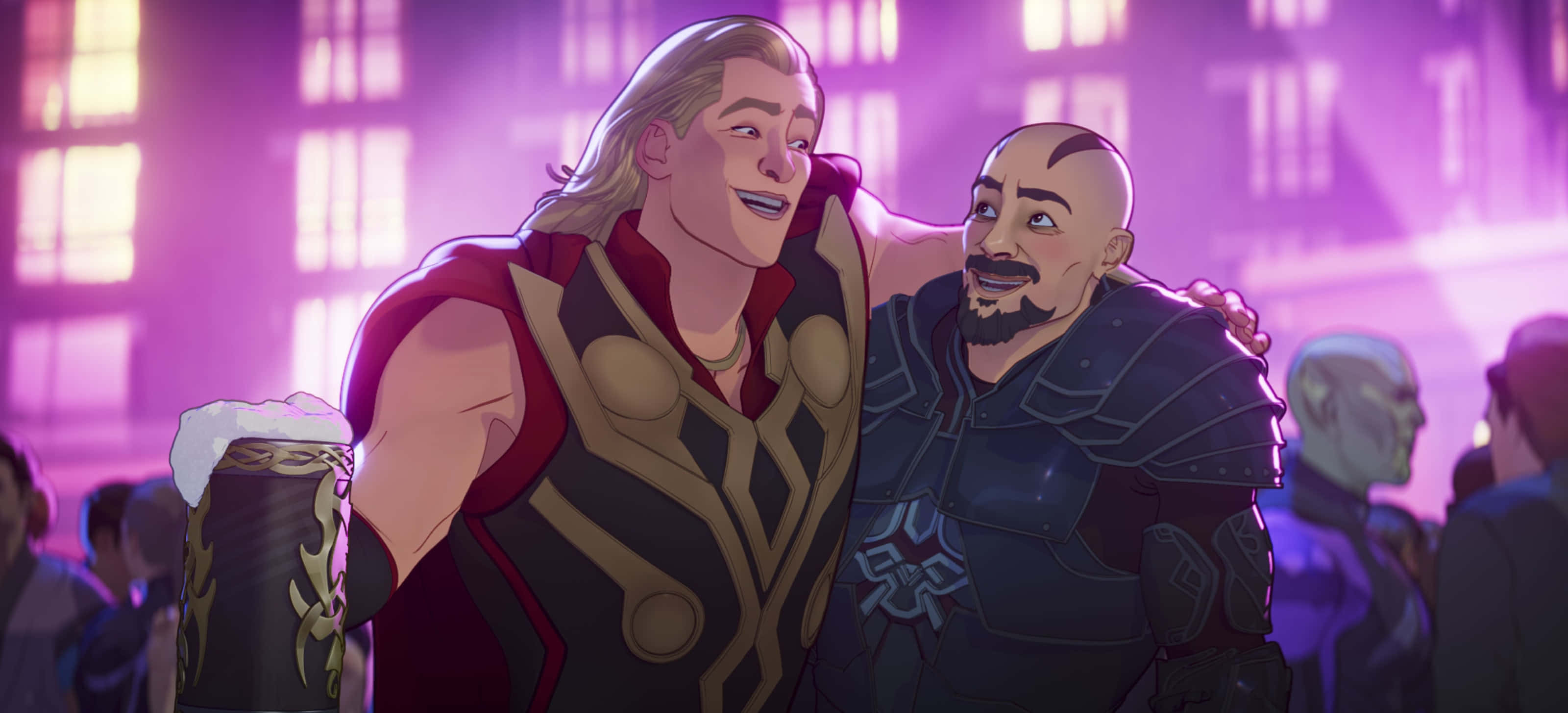 Mcu Characters 桌布 壁紙 — 索爾和一個光頭同伴在一個充滿活力的紫色燈光城市酒吧中分享溫馨時刻，背後有發光的窗戶。