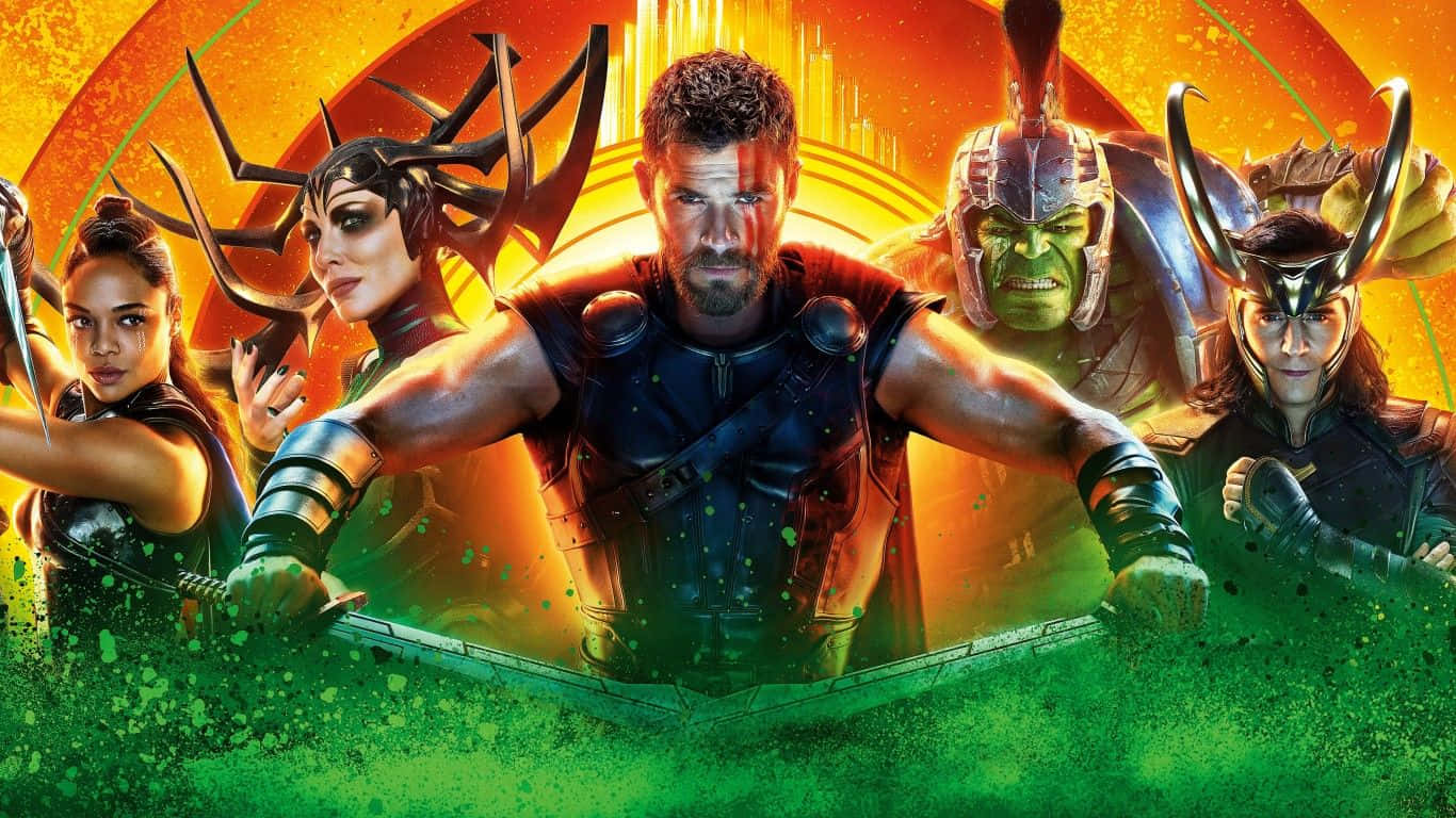 1366x768 Marvel 桌布 壁紙 — 索爾和他的盟友在熾熱的橙色和綠色宇宙背景下英勇地站立，呈現出一個動態的超級英雄場景。