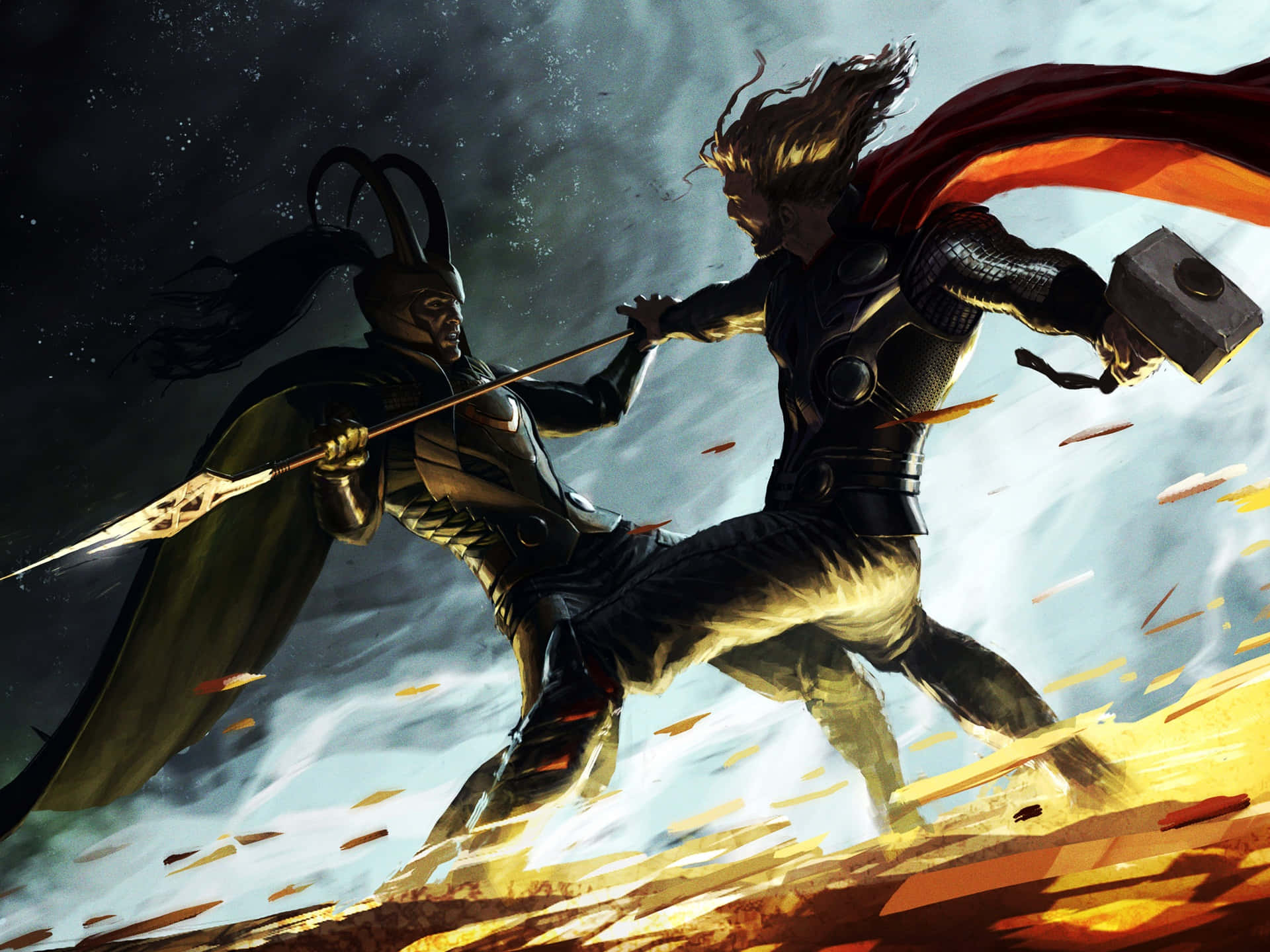 Marvel Loki 桌布 壁紙 — 索爾和洛基在暴風雨的天空下激烈戰鬥，火花四濺。