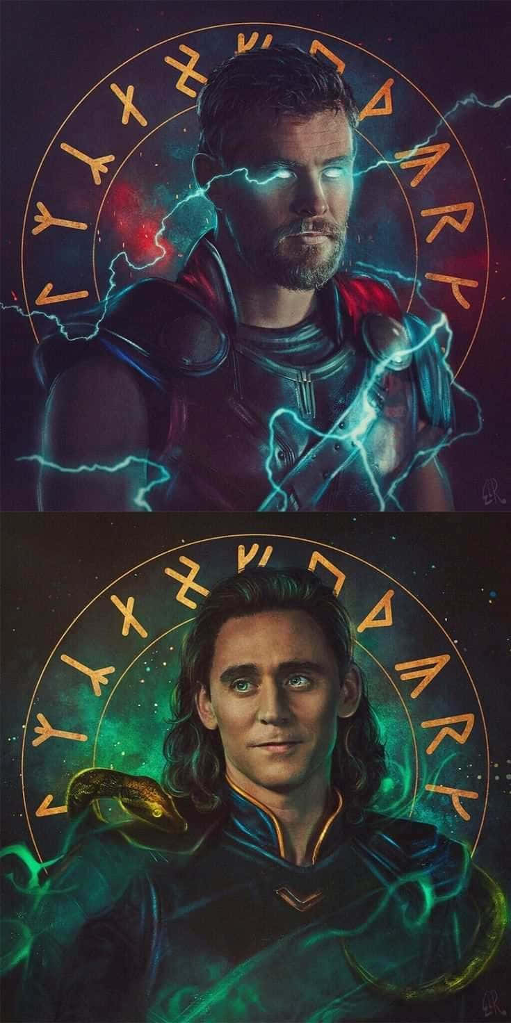 Loki 桌布 壁紙 — 索爾和洛基站在宇宙圓圈中，閃電和綠色能量在他們周圍旋轉，背景是星空。