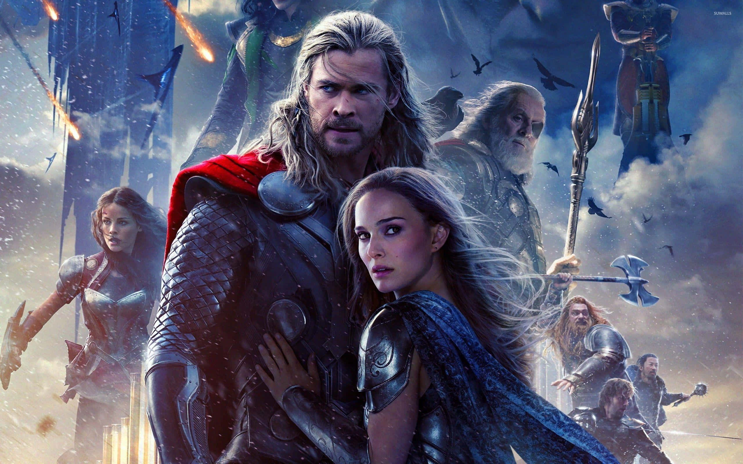 Jane Foster 桌布 壁紙 — 索爾和珍·佛斯特身穿盔甲，在風暴肆虐的戰場上，伴隨著飛鳥和墜落的碎片，傲然挺立。