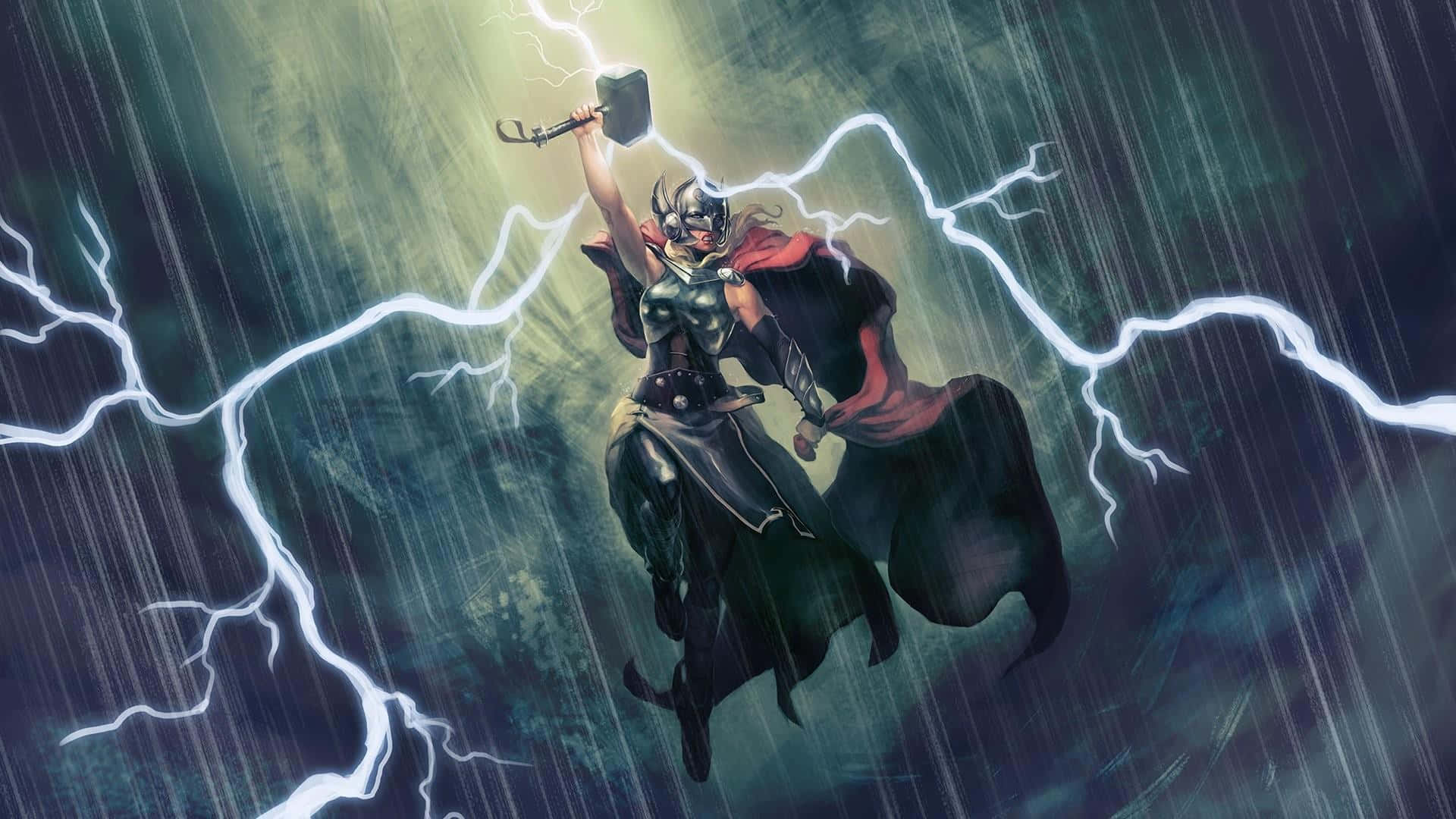 Jane Foster 桌布 壁紙 — 索爾在暴風雨中翱翔，揮舞著他的錘子，閃電在他周圍劈啪作響，大雨傾盆而下。