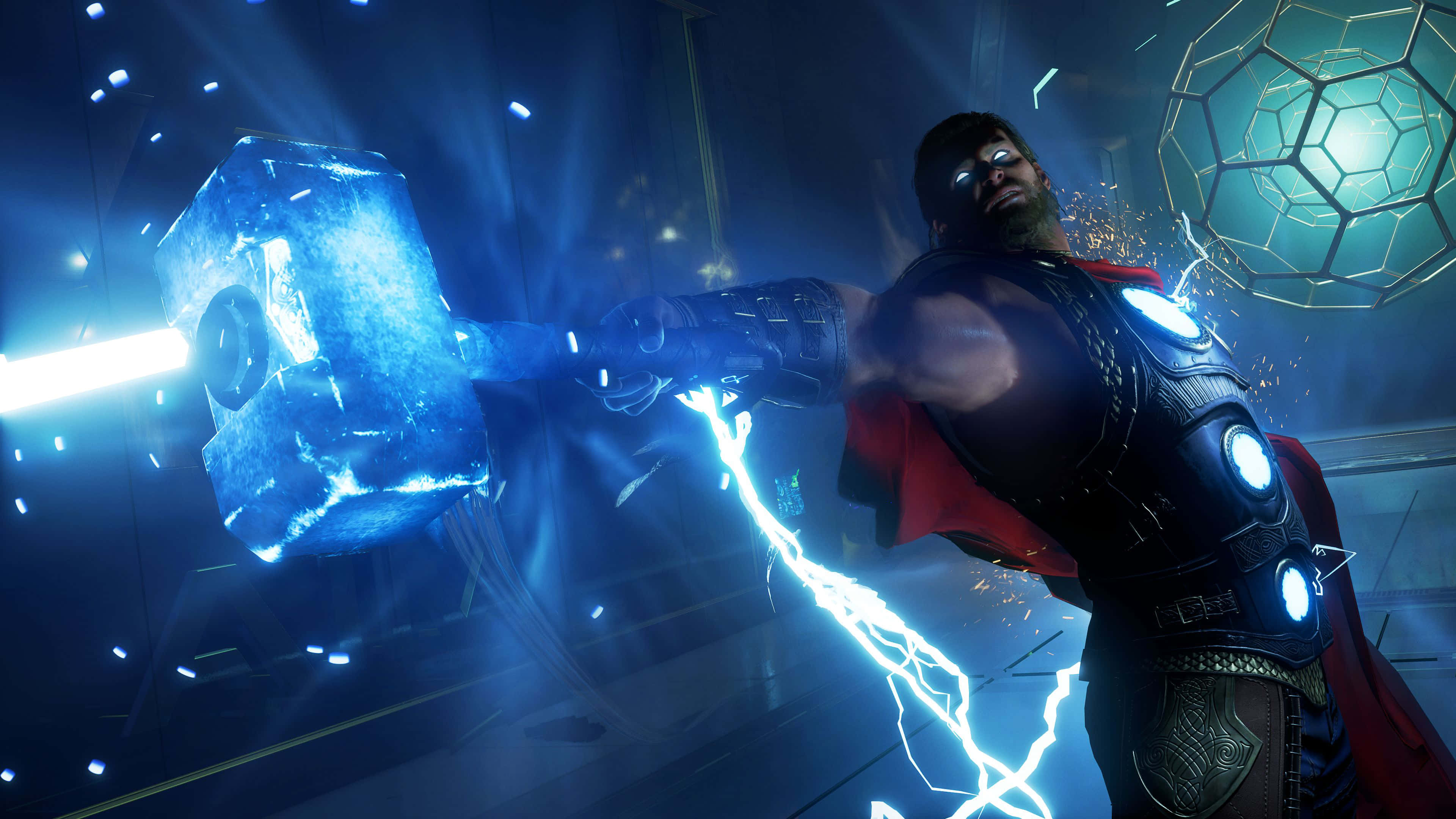 4K Marvel's Avengers 桌布 壁紙 — 索爾在未來高科技房間中揮舞著發光的藍色錘子，伴隨著電火花。