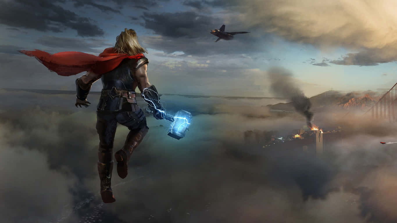 1366x768 Marvel's Avengers 桌布 壁紙 — 索爾在煙霧瀰漫的城市上空翱翔，揮舞著發光的錘子，一架戰鬥機從頭頂飛過。