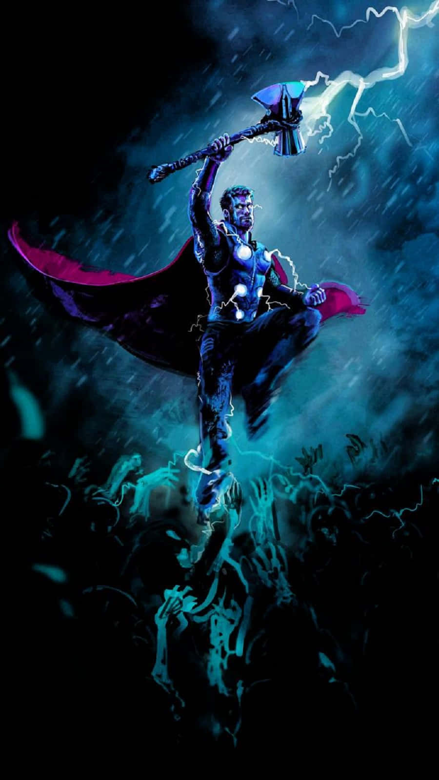 God Of Thunder 桌布 壁紙 — 索爾在雷電交加的暴風雨天空中揮舞著發光的錘子。