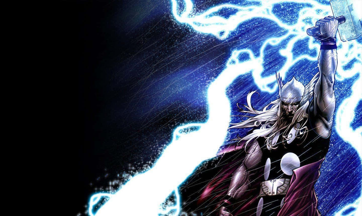 Jane Foster 桌布 壁紙 — 索爾在黑暗的宇宙背景下，在劈啪作響的藍色閃電中揮舞著他的錘子。