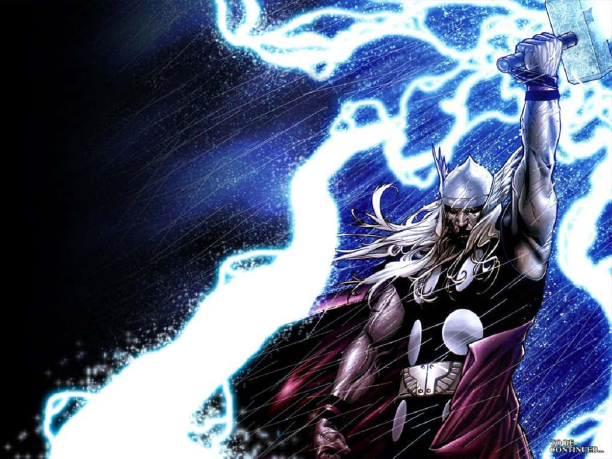 God Of Thunder 桌布 壁紙 — 索爾在黑暗風暴背景下，伴隨著劈啪作響的藍色閃電揮舞著他的錘子。