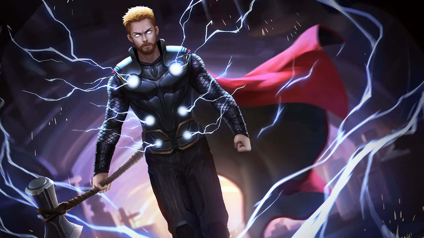 1366x768 Marvel 桌布 壁紙 — 索爾強而有力地揮舞著他的錘子，周圍環繞著劈啪作響的閃電和飄動的紅色斗篷，背景是黑暗的宇宙。
