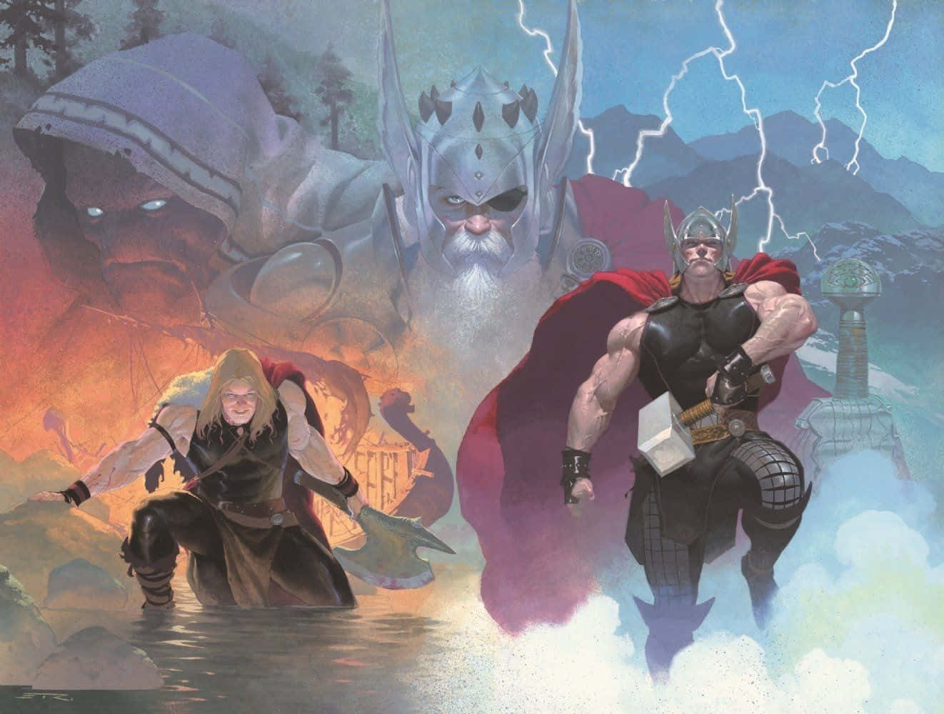 God Of Thunder 桌布 壁紙 — 索爾揮舞他的錘子，閃電在他身後劈下，而一個戴兜帽的身影和奧丁在熾熱的神秘景觀中若隱若現。