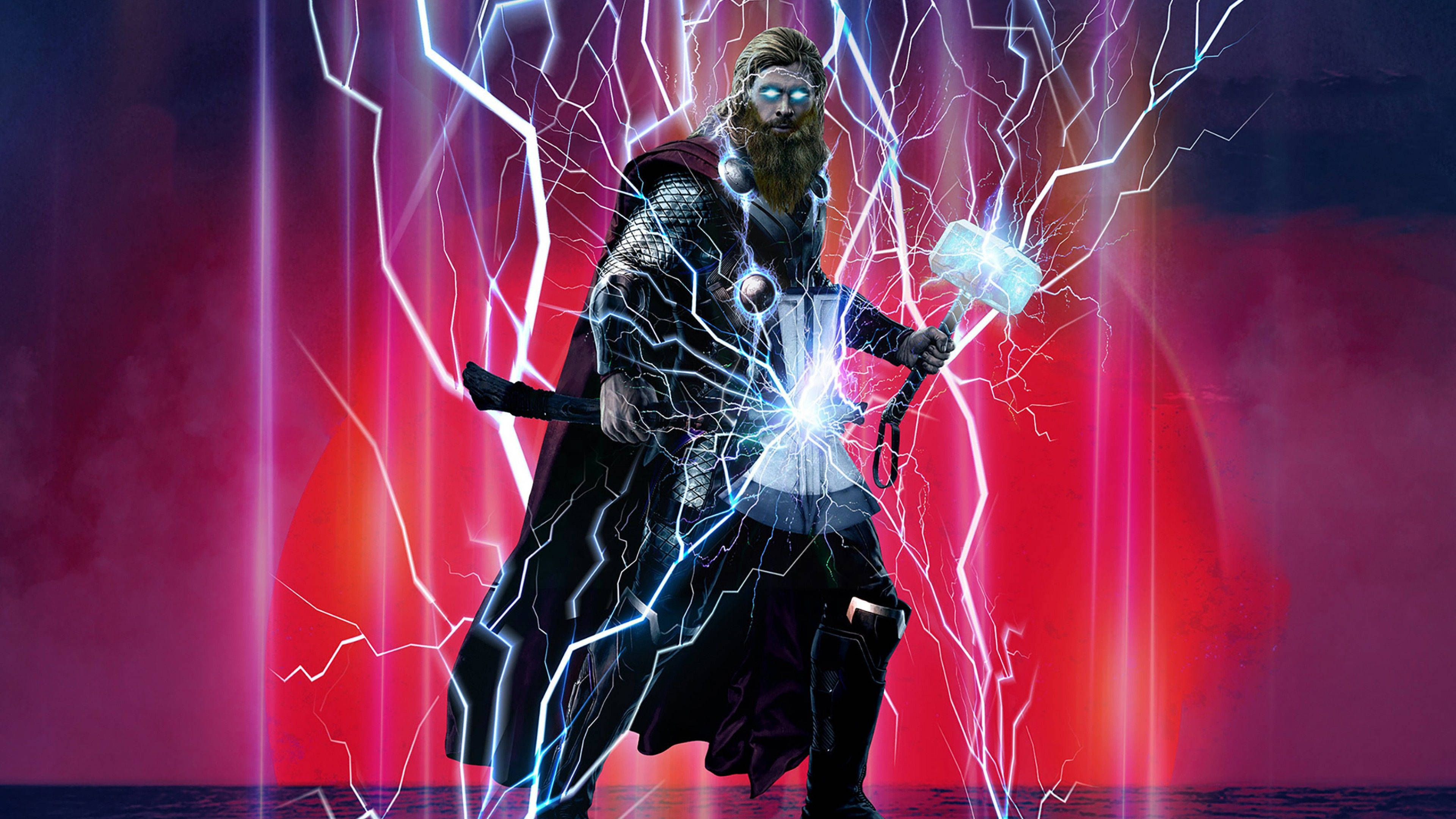 Thunderstorm 桌布 壁紙 — 索爾揮舞著發光的錘子，被電閃雷鳴包圍，背景是充滿活力的紅色和紫色宇宙背景。