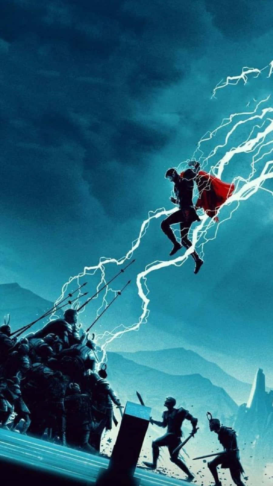 God Of Thunder 桌布 壁紙 — 索爾揮舞閃電，跳過裝甲戰士的戰場，背景是風暴藍天。