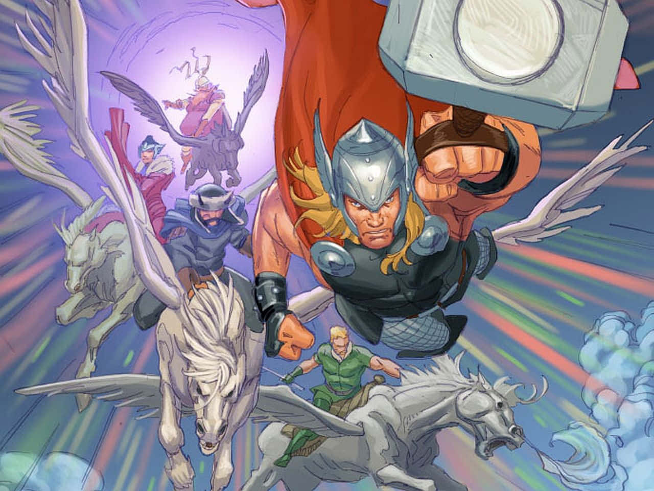 God Of Thunder 桌布 壁紙 — 索爾與他的戰士們騎著帶翼的馬匹，揮舞著錘子和劍，衝過充滿活力的天空。