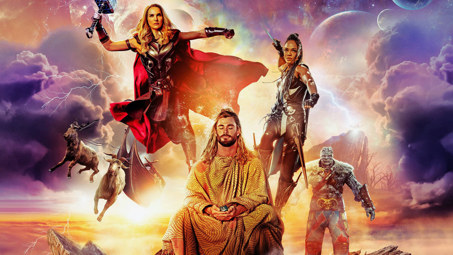 索爾與盟友在宇宙戰鬥場景中，閃電和山羊。 — 雷神索爾：愛與雷霆 壁紙