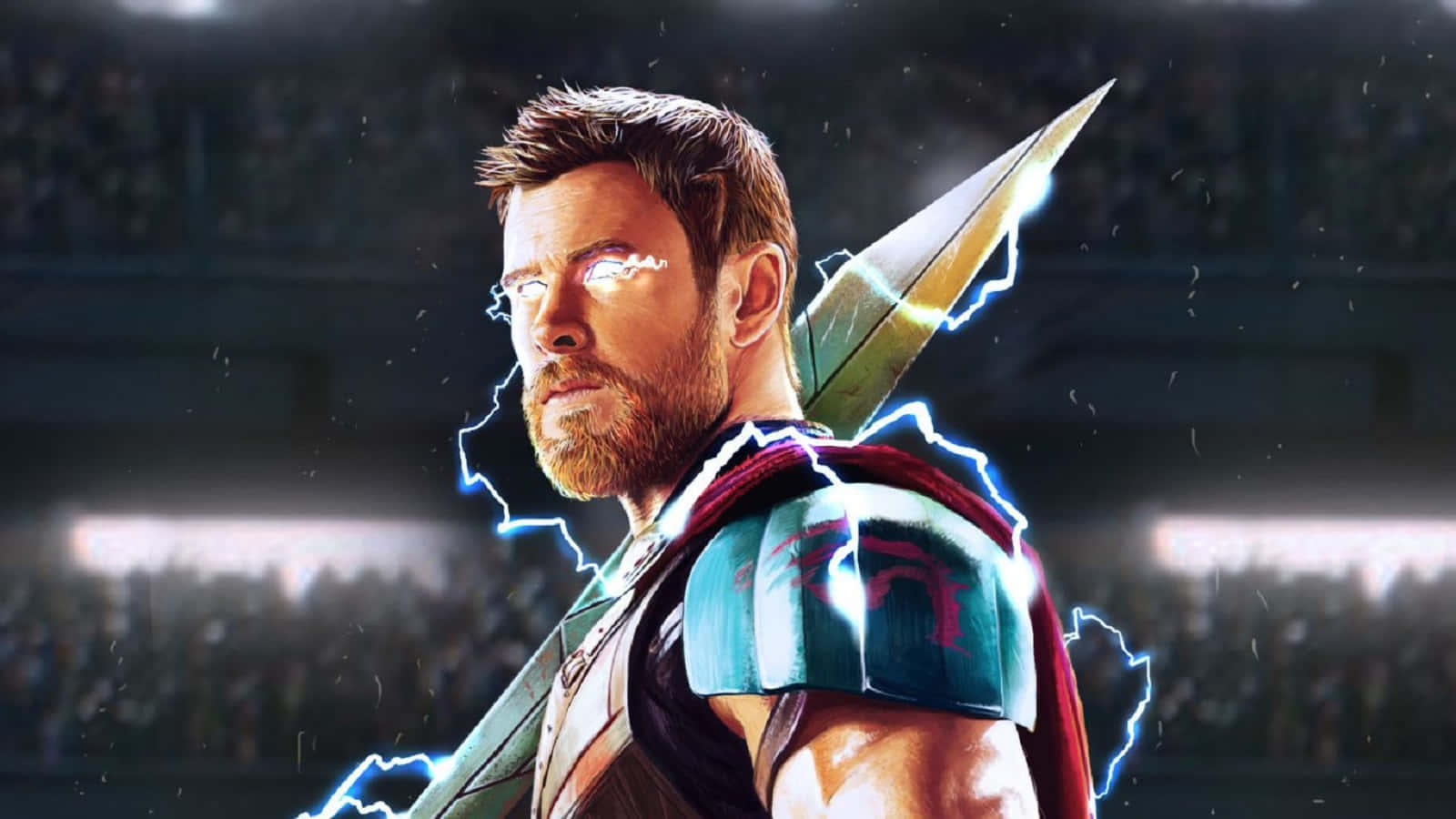 God Of Thunder 桌布 壁紙 — 索爾英雄式地站在一個擠滿觀眾的體育場中，閃電在他錘子周圍劈啪作響。