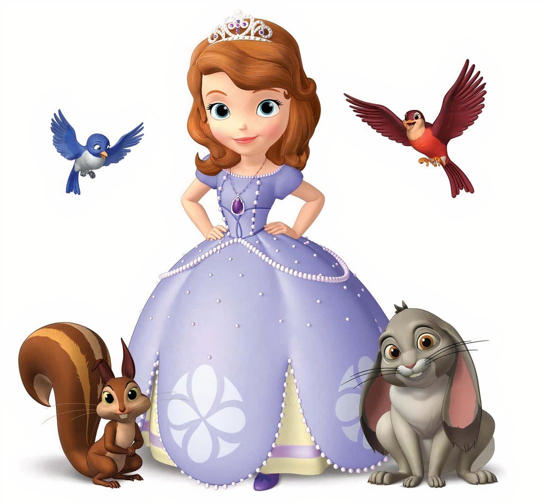Sofia The First 桌布 壁紙 — 索菲亞公主穿著紫色長袍，與一隻松鼠、一隻兔子和兩隻鳥站在歡快的卡通場景中。