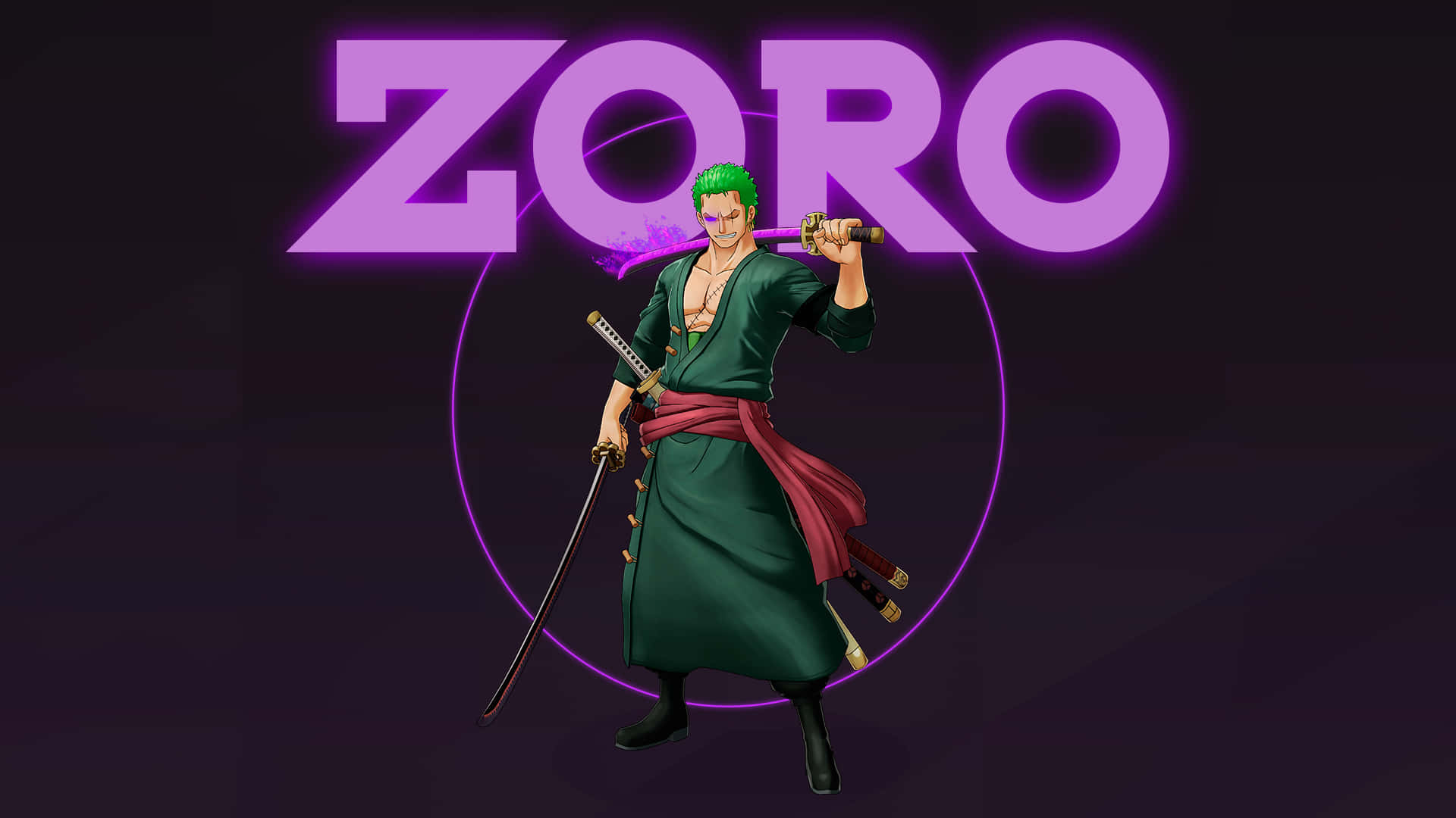 索隆 桌布 壁紙 — 索隆自信地站著，拔出劍，背景是發光的紫色「ZORO」。