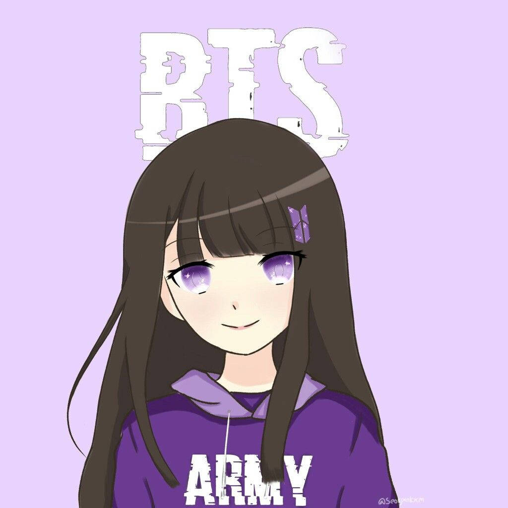 穿著紫色連帽衫的動漫女孩，帶有BTS和ARMY文字，在薰衣草背景上微笑。 — BTS 防彈少年團 粉絲 女孩 GIF 壁紙