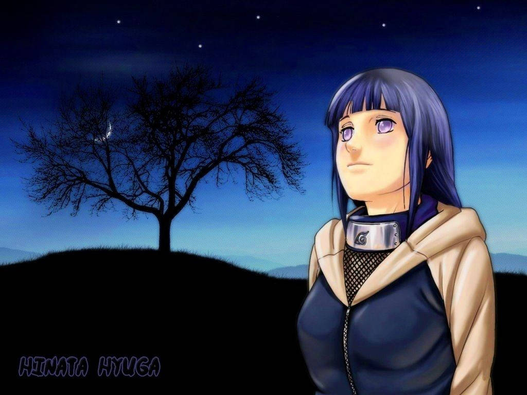 Hinata Hyuga 桌布 壁紙 — 紫眼藍髮的動漫女孩站在山丘上光禿禿的樹旁，星空下。