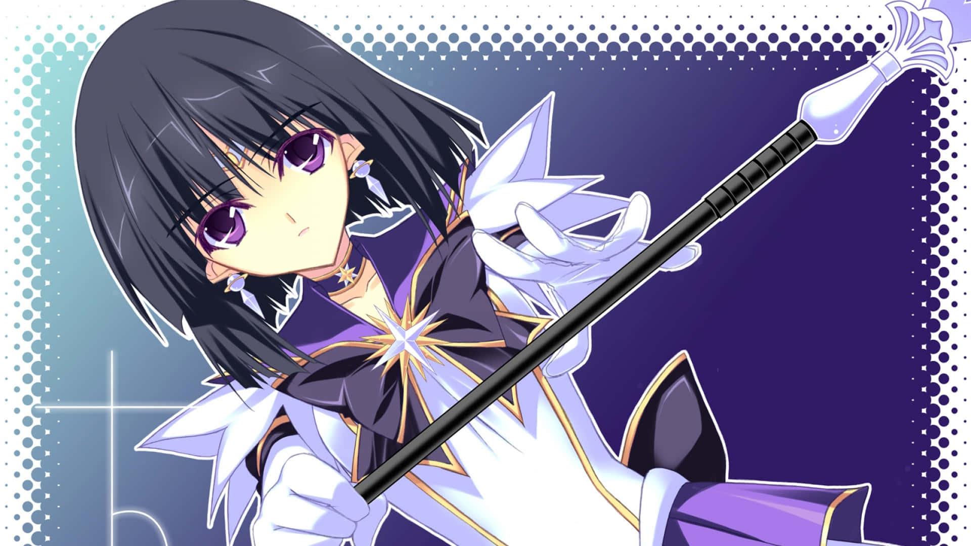 Sailor Saturn 桌布 壁紙 — 紫眼黑髮動漫女孩在點狀漸變背景上揮舞發光法杖。